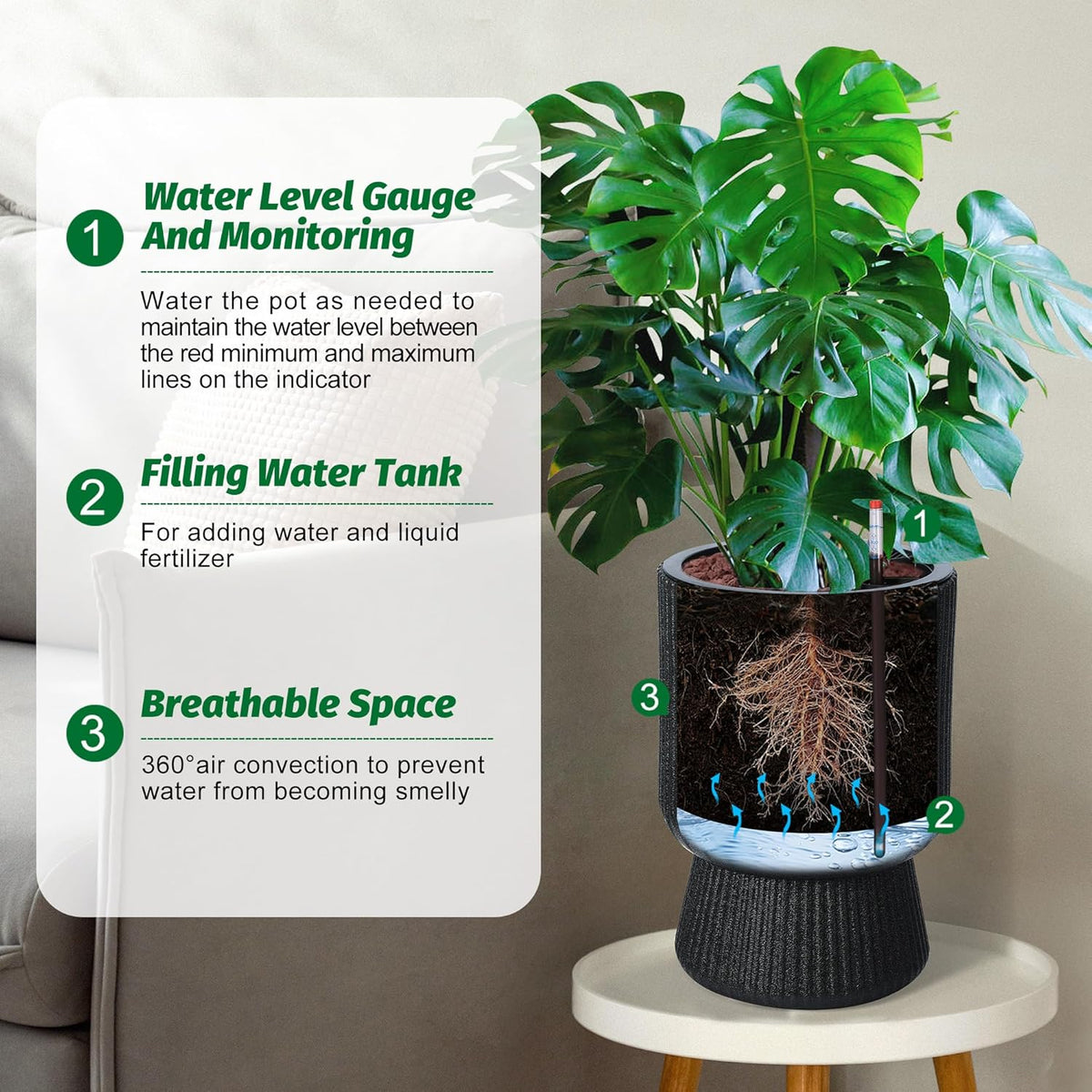Riedhoff 14.2" Planters Pots Set of 2, with Inner Bucket & Water Level Monitor