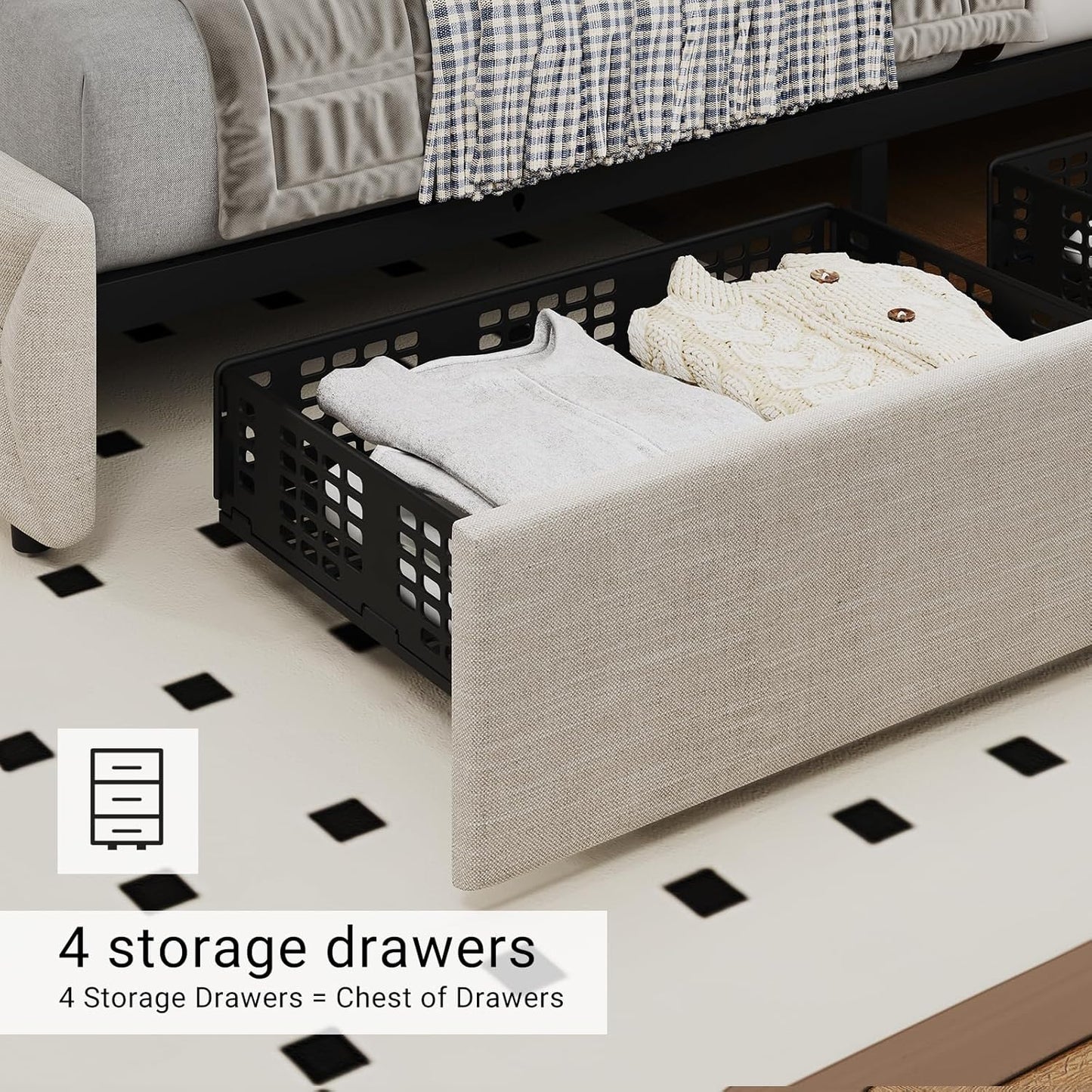 GARVEE Bed Frame with 4 Storage Drawers & Adjustable Headboard