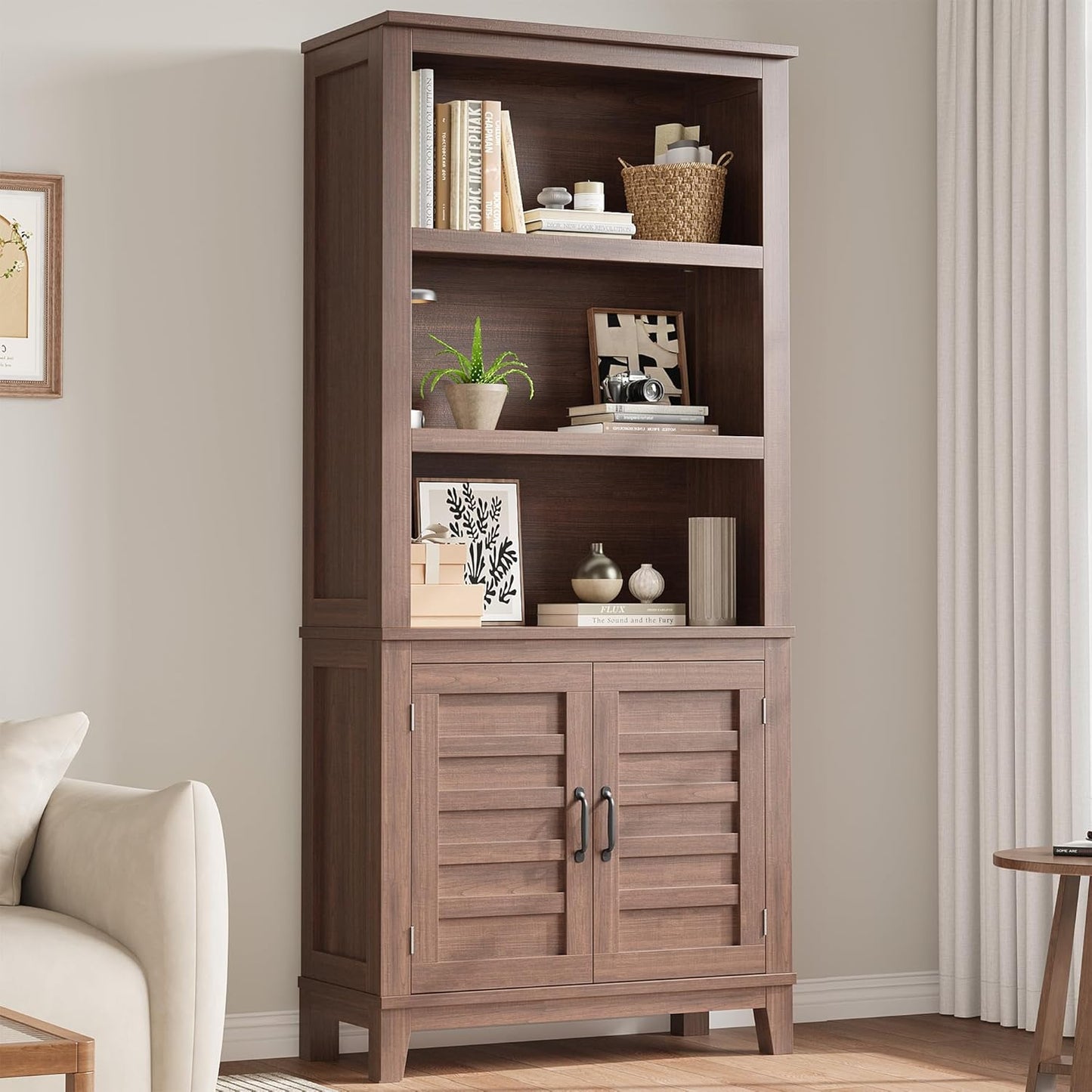 Garvee 5 Tier Farmhouse Bookcase 31.5 x 11.8 x 71.3", 2 Doors & 3 Adjustable Shelf, Brown