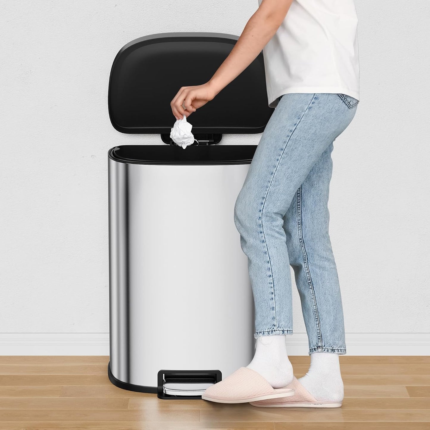 Goldensoil D Shape 13.2 Gallon Kitchen Stainless Steel Step-0n Trash Can,Silver