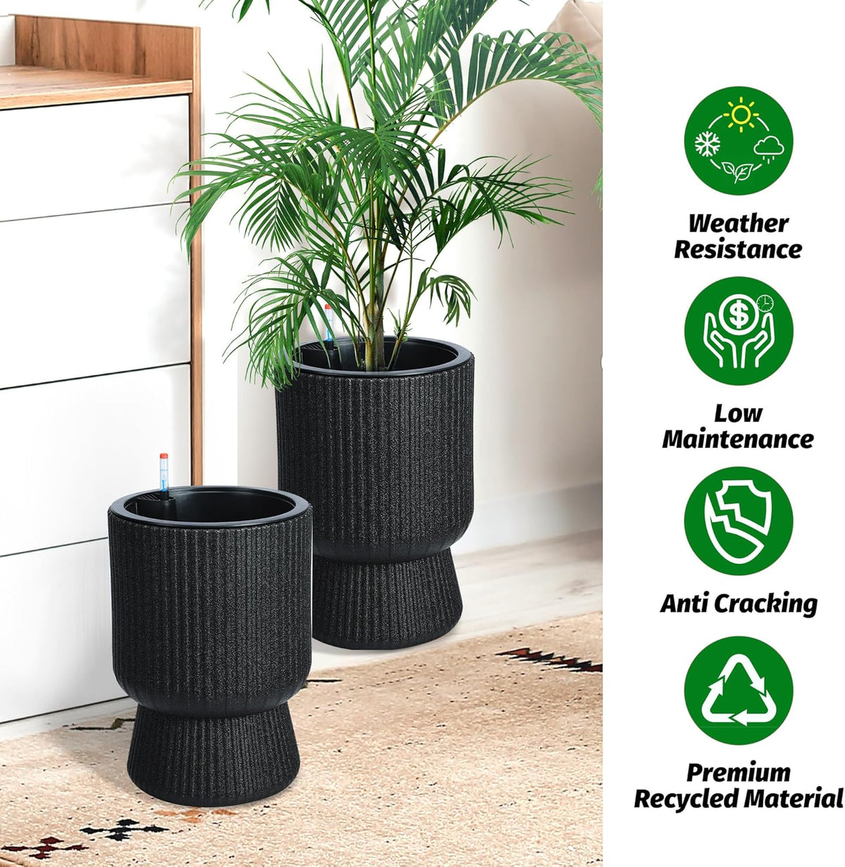 Riedhoff 14.2" Planters Pots Set of 2, with Inner Bucket & Water Level Monitor