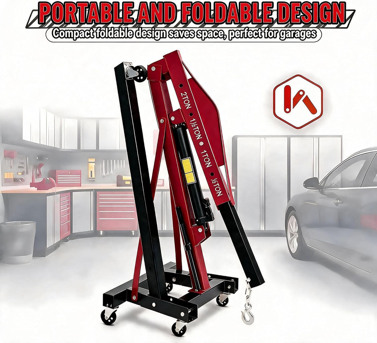 Riedhoff Folding Engine Hoist, Cherry Picker with Lever & 6 Casters, 2 Ton Max, Red & Black