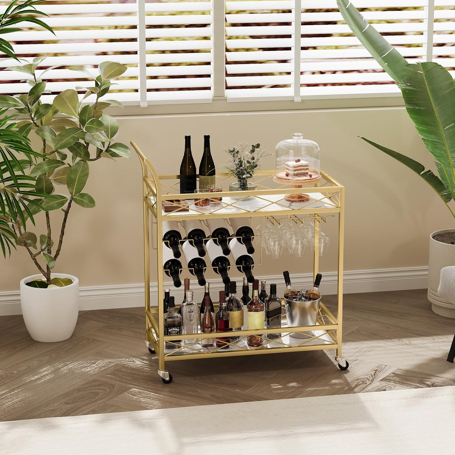 Garvee Bar Serving Cart, with 2-Tier Storage Shelves, Wine Rack, Glass Holder, Golden