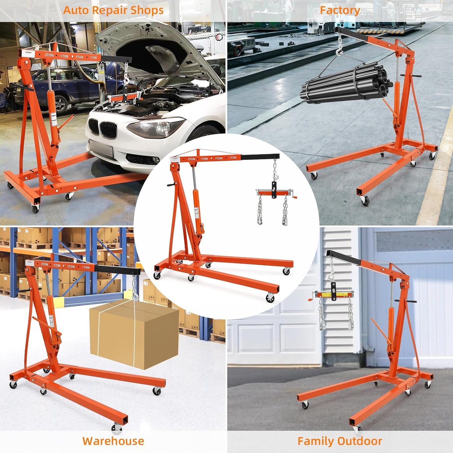 Garvee Steel Folding Hydraulic Engine Hoist, Heavy Duty with Lever, 2 Ton Max, 6 Wheels