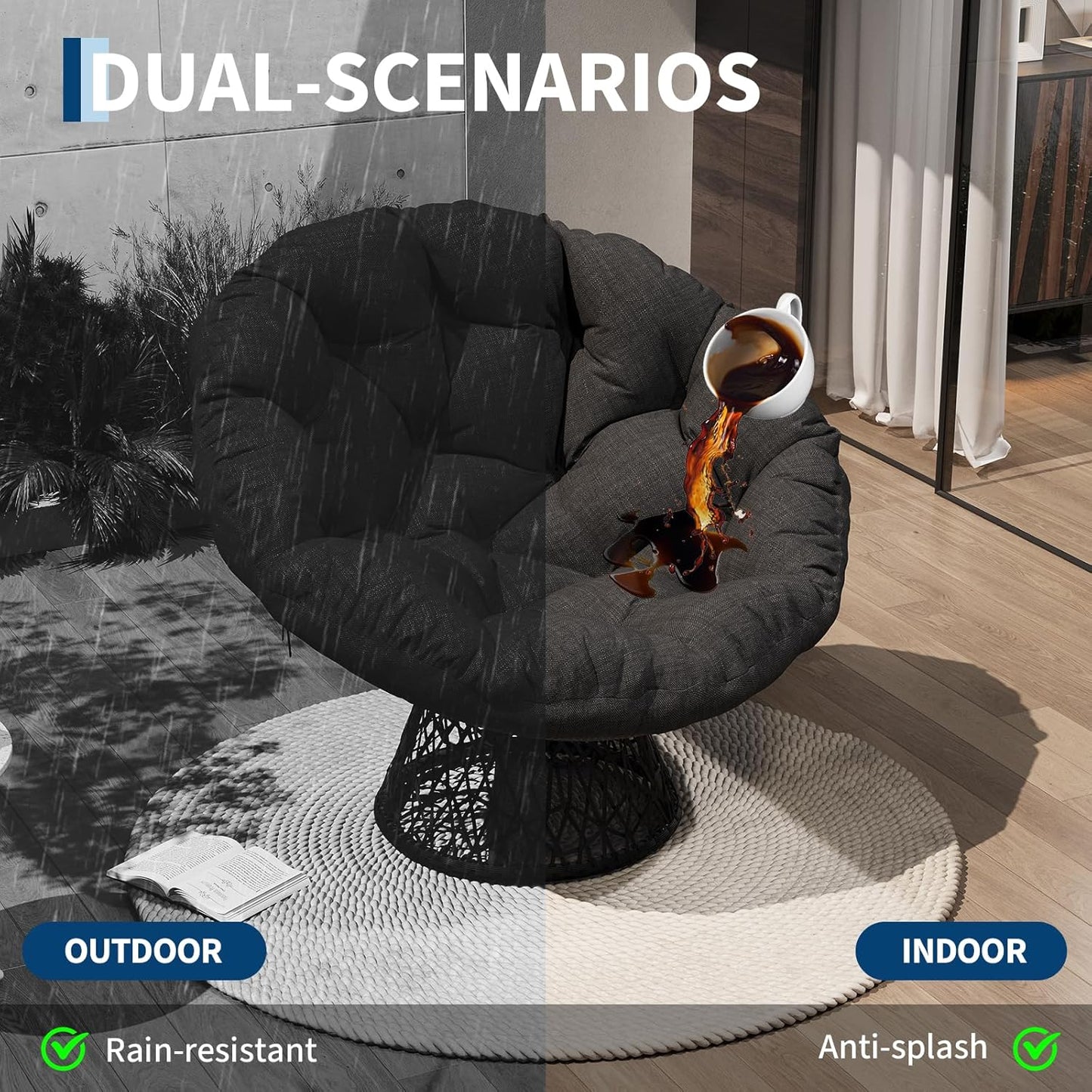 Riedhoff Wicker Papasan Chair 49 x 49 x 36", Extra-Thick Cushion, 360° Swivel Base