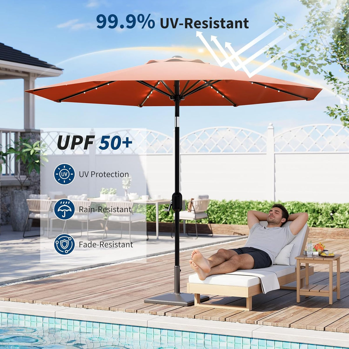 Riedhoff 9 feet Patio Umbrella with 32 LED Solar Lights, 8 Ribs, Tilt Crank