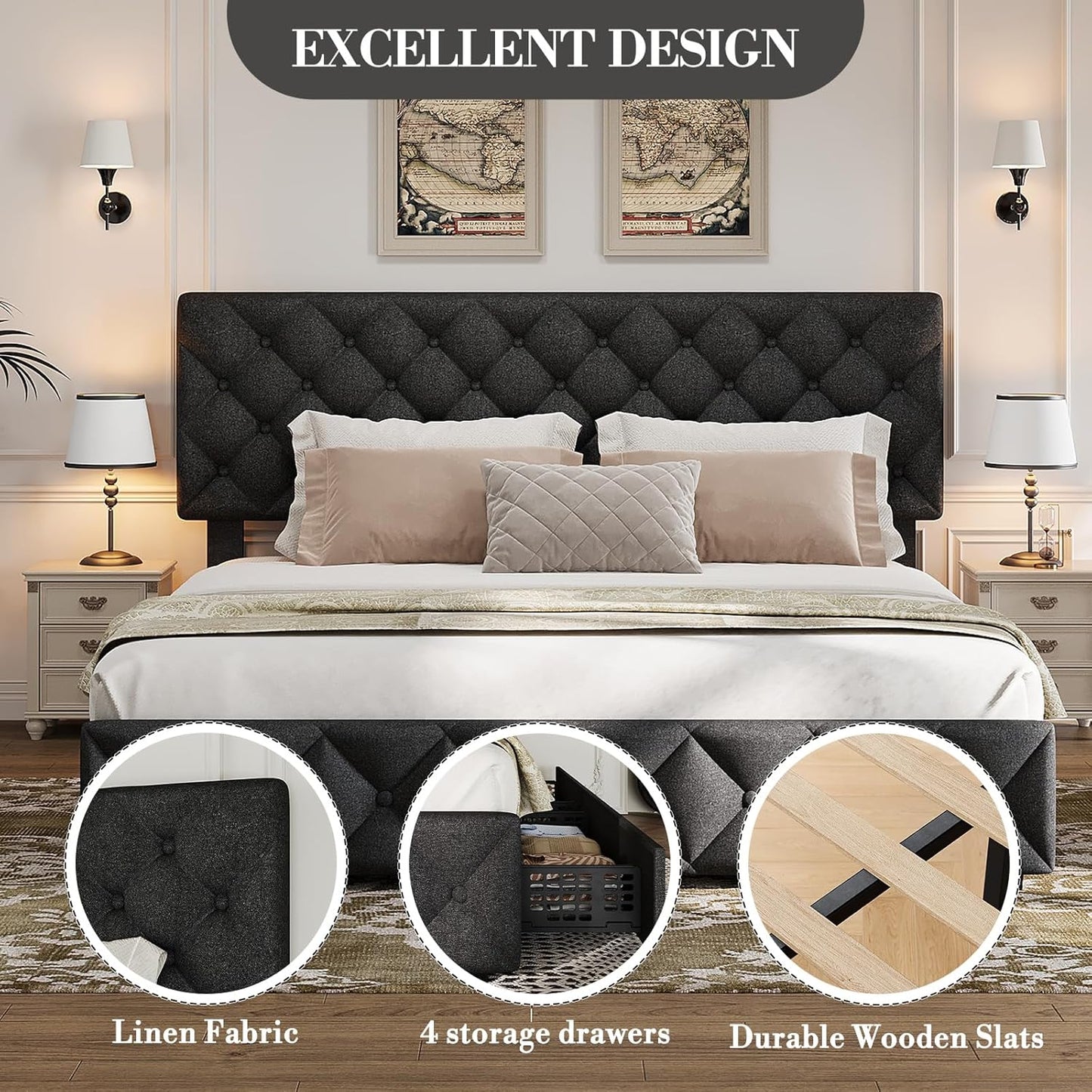 GARVEE Bed Frame with 4 Storage Drawers & Adjustable Headboard