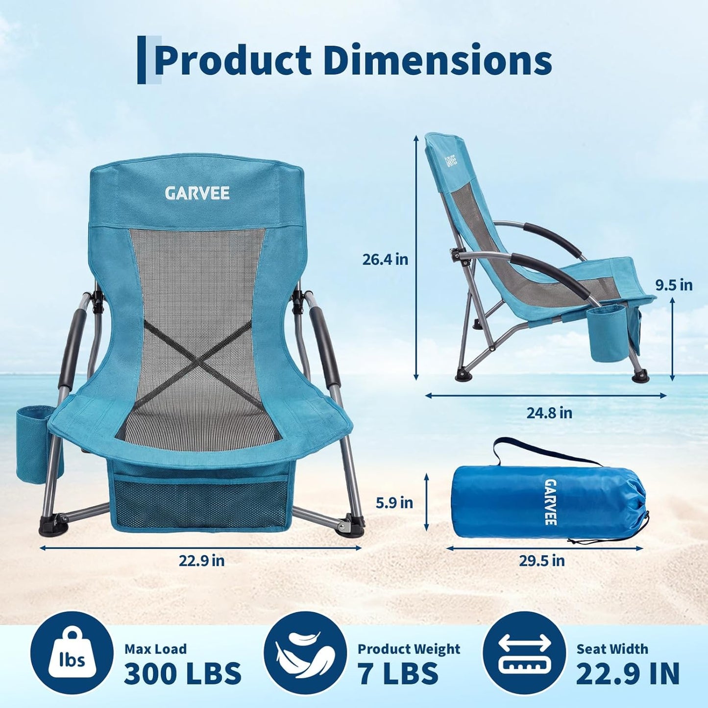Garvee Low Back Folding Beach Chair, 24.8 x 22.9 x 26.4", Blue