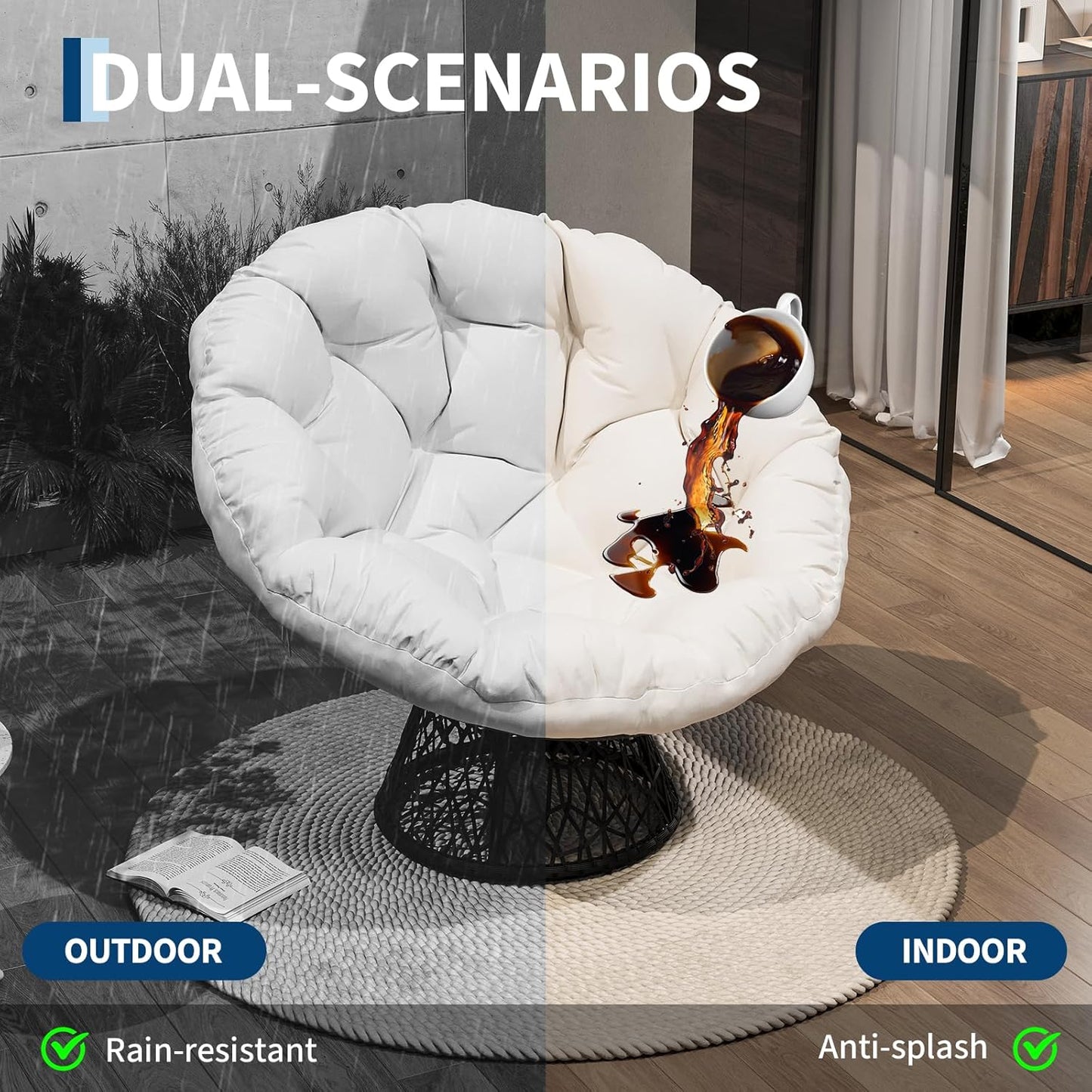 Riedhoff Wicker Papasan Chair 49 x 49 x 36", Extra-Thick Cushion, 360° Swivel Base