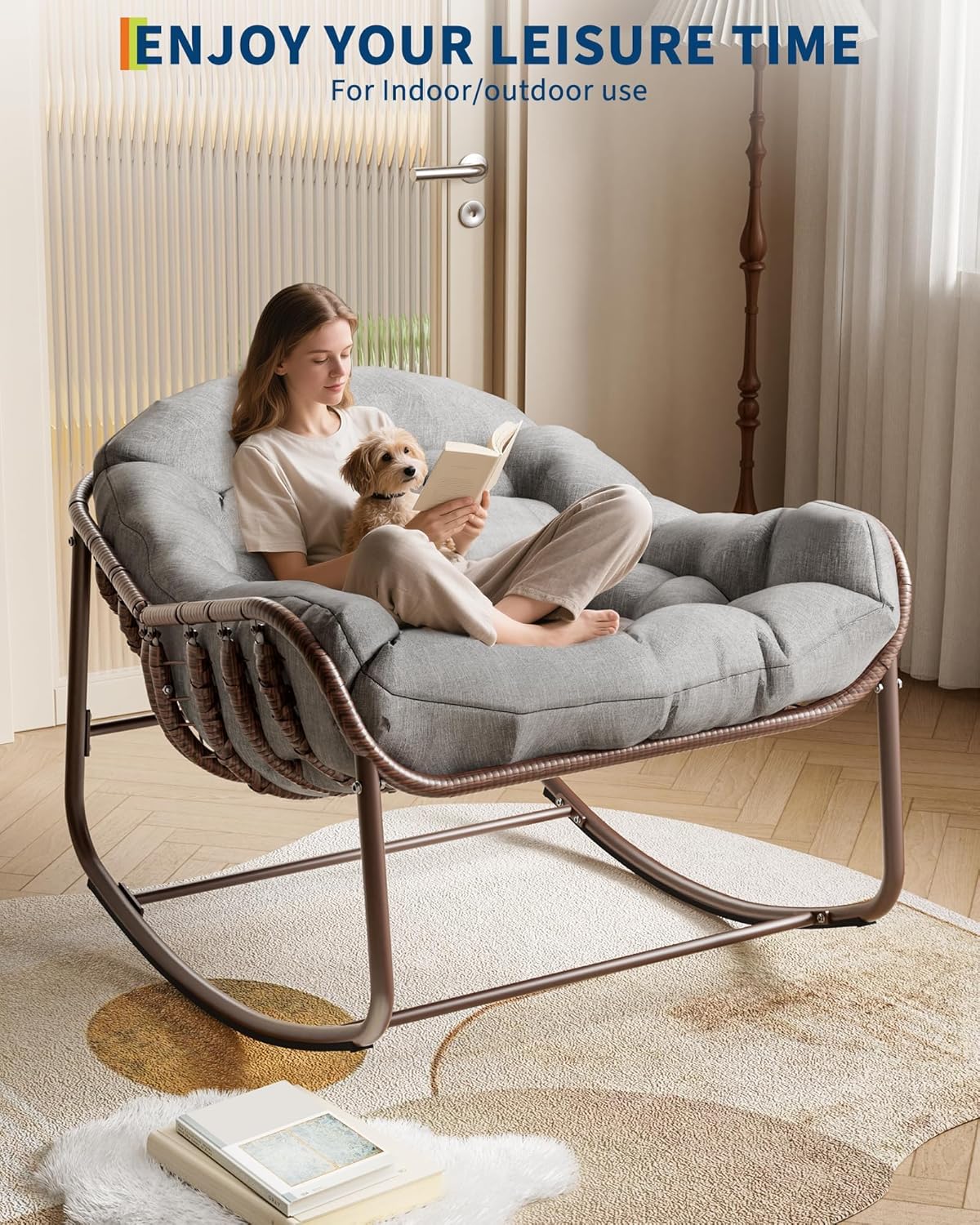 Garvee Outdoor Rocking Chair with Cushion, 36.6 x 33 x 25.2", Oversized Papasan Rocker