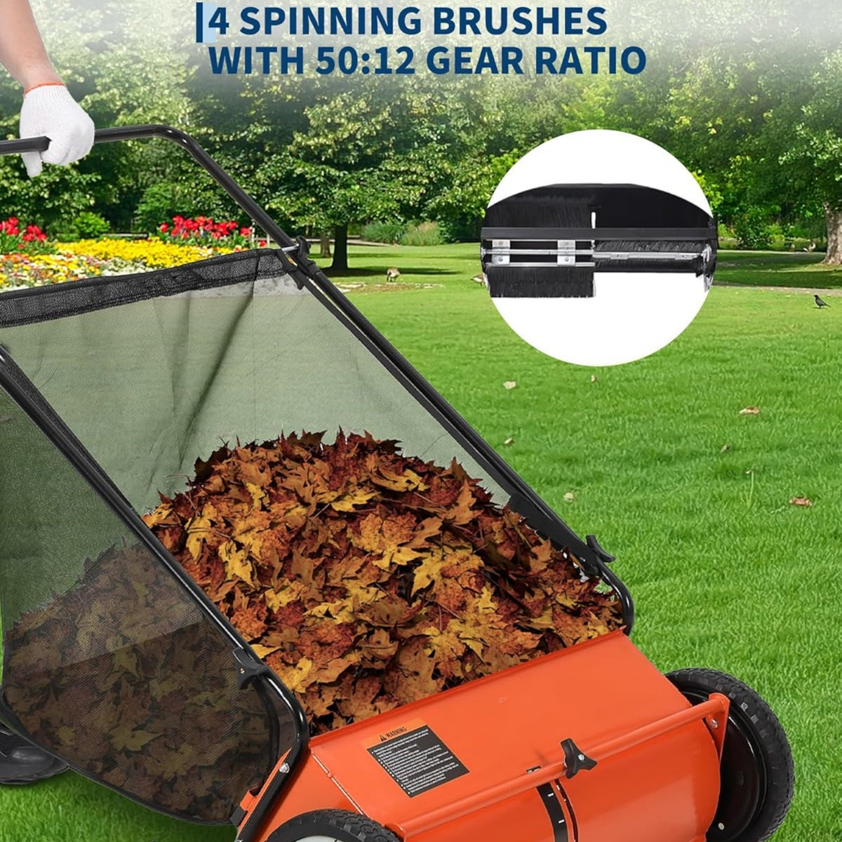 Riedhoff 26" Push Lawn Sweeper,4 Spinning Brushes, 7 Cu. Ft Capacity Collection Bag, Adjustable Height