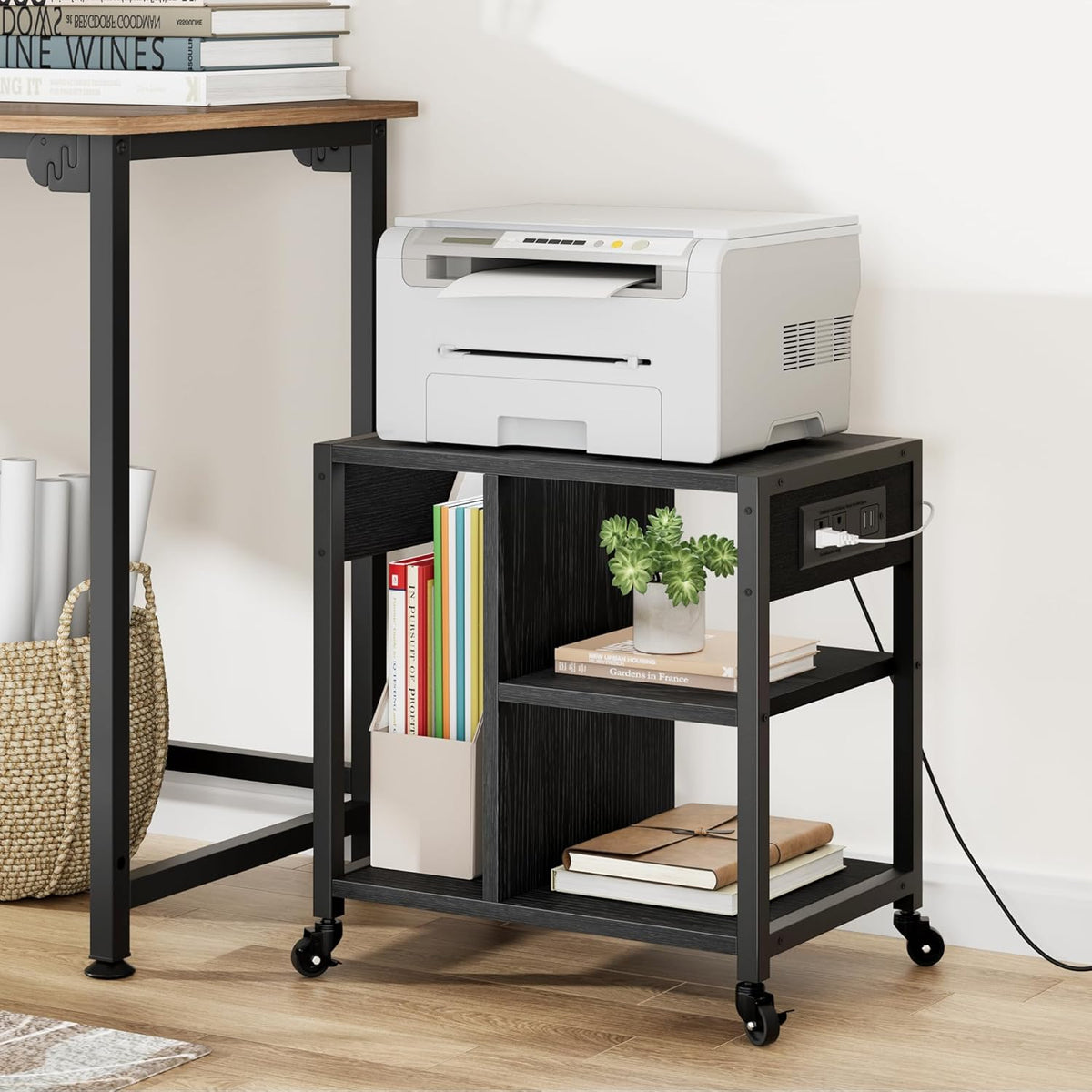 Garvee Rolling Printer Table, 3 Tiers, 17.3 x 11.8 x 18.1", with Lockable Wheels & Power Outlets
