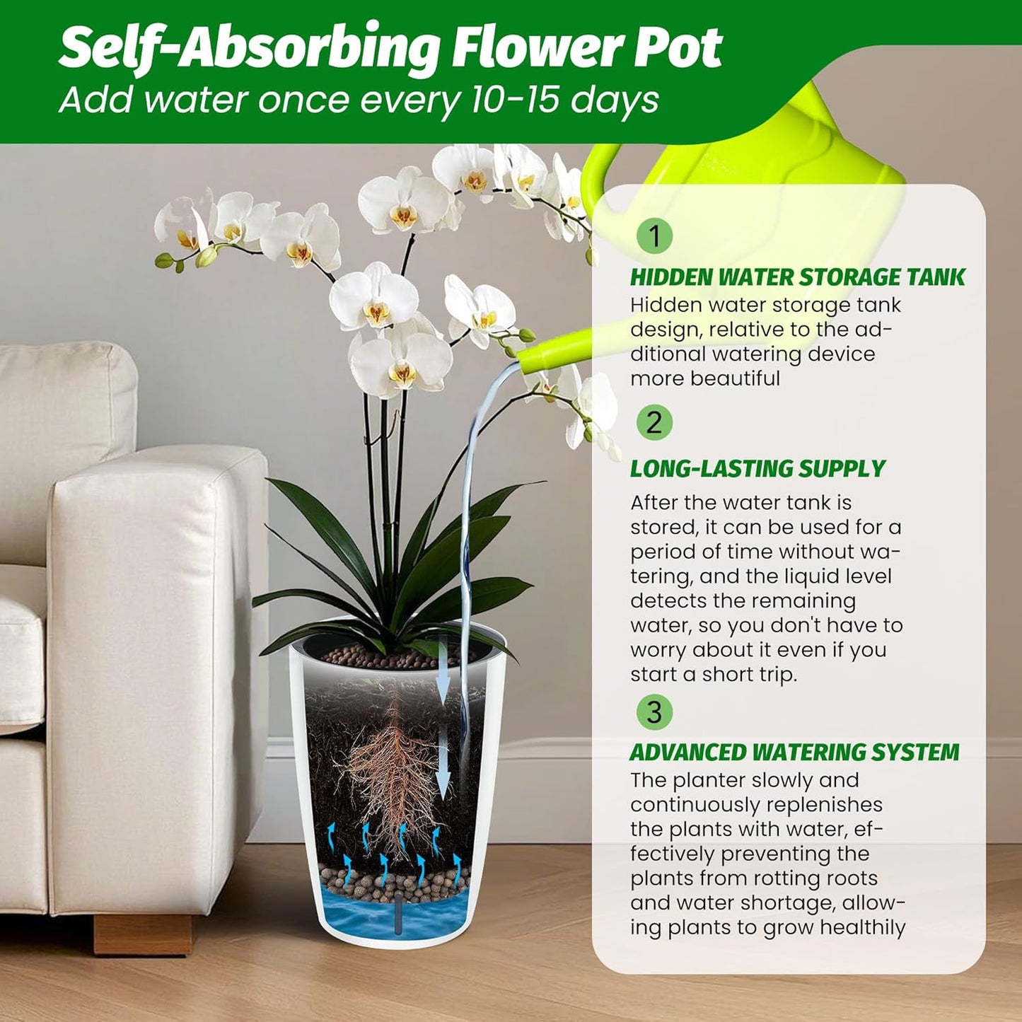 Riedhoff 15.7" Tall Round Planter Pots, Built-In Drainage, Self-Watering, 2 Count