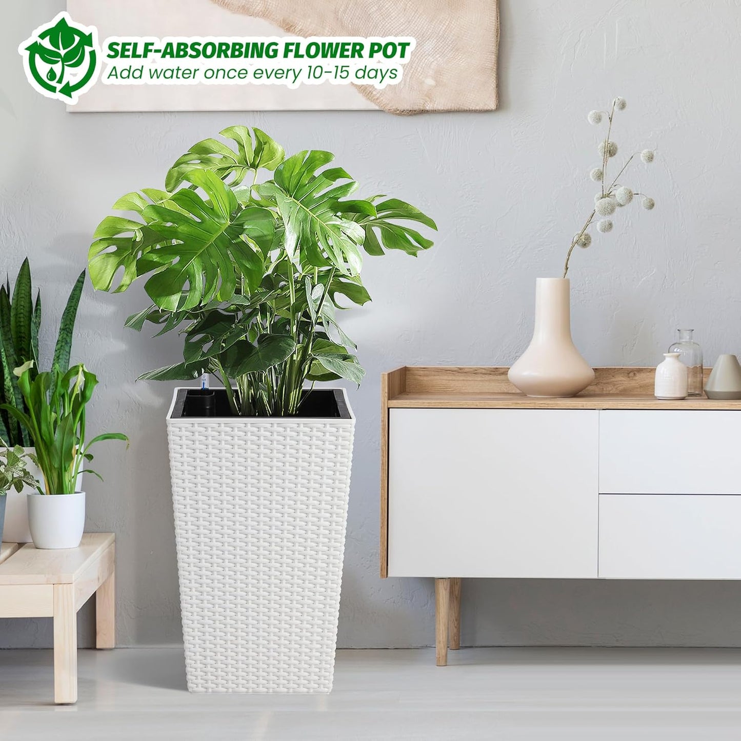 Garvee 15.6" Tall Planter Pots Set of 2, Rattan style, Tray & Water Level Monitor