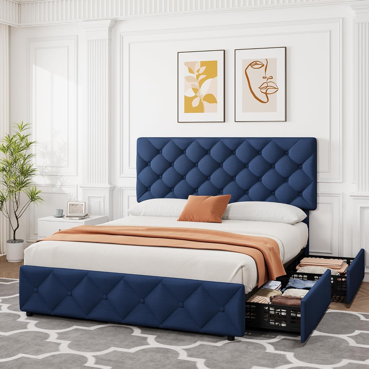 GARVEE Bed Frame with 4 Storage Drawers & Adjustable Headboard