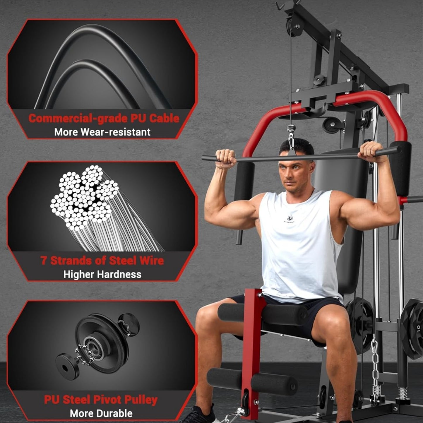 Riedhoff 400 ibs Home Gym Equipment System, All in One Full Body Exercise Station, Black & Red