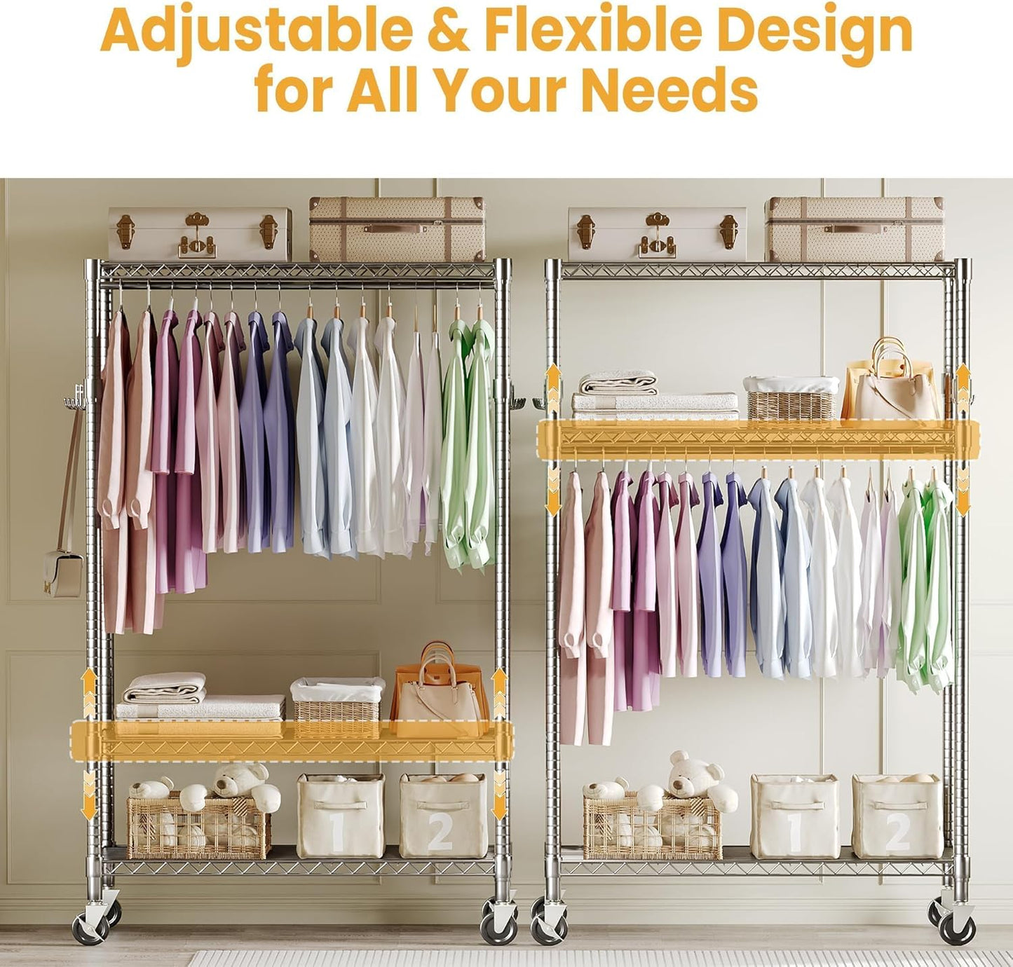 Garvee Rolling Clothes Rack, Adjustable Garment Rack, Wheels and Hooks, 45.2 x 15.8 x 75.7", Silver