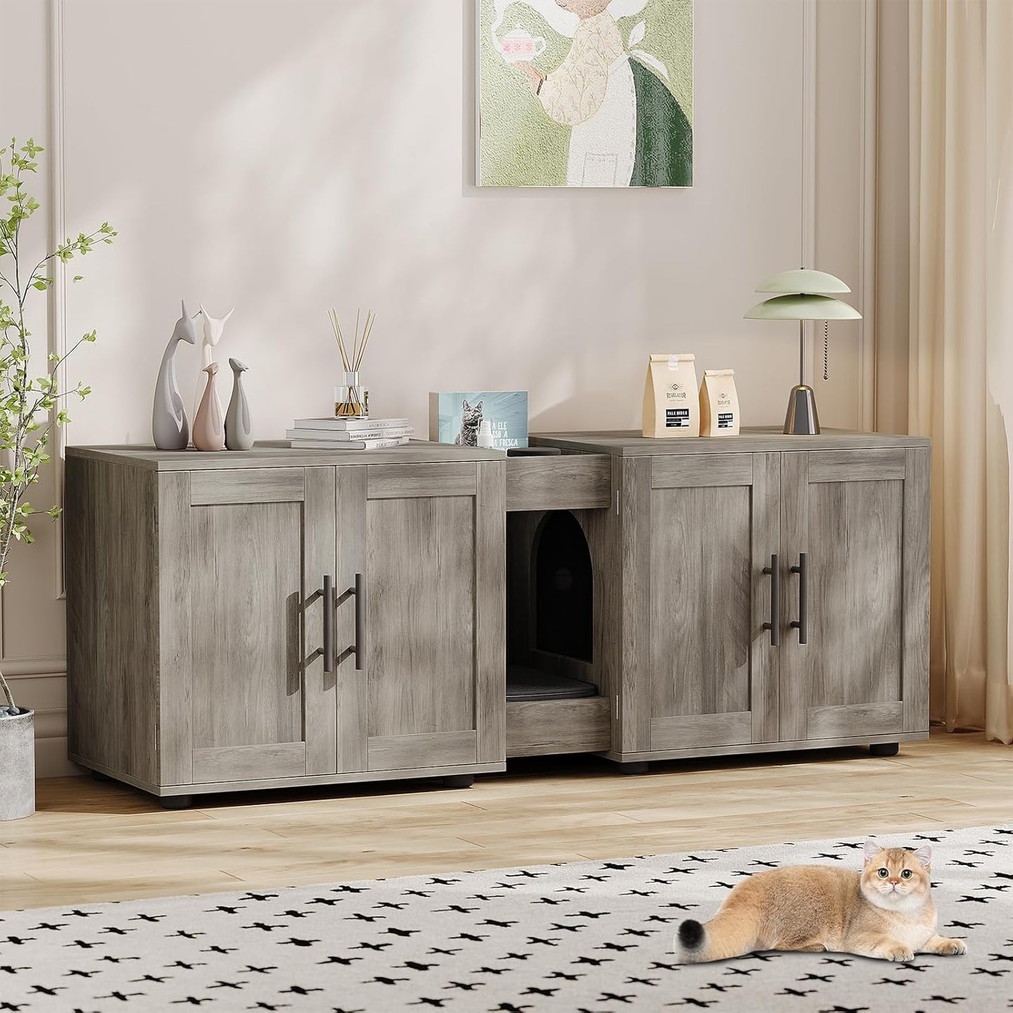 Garvee Litter Box, Enclosure with Double Room, for 2 Cats, 55 x 17.7x 22.5"