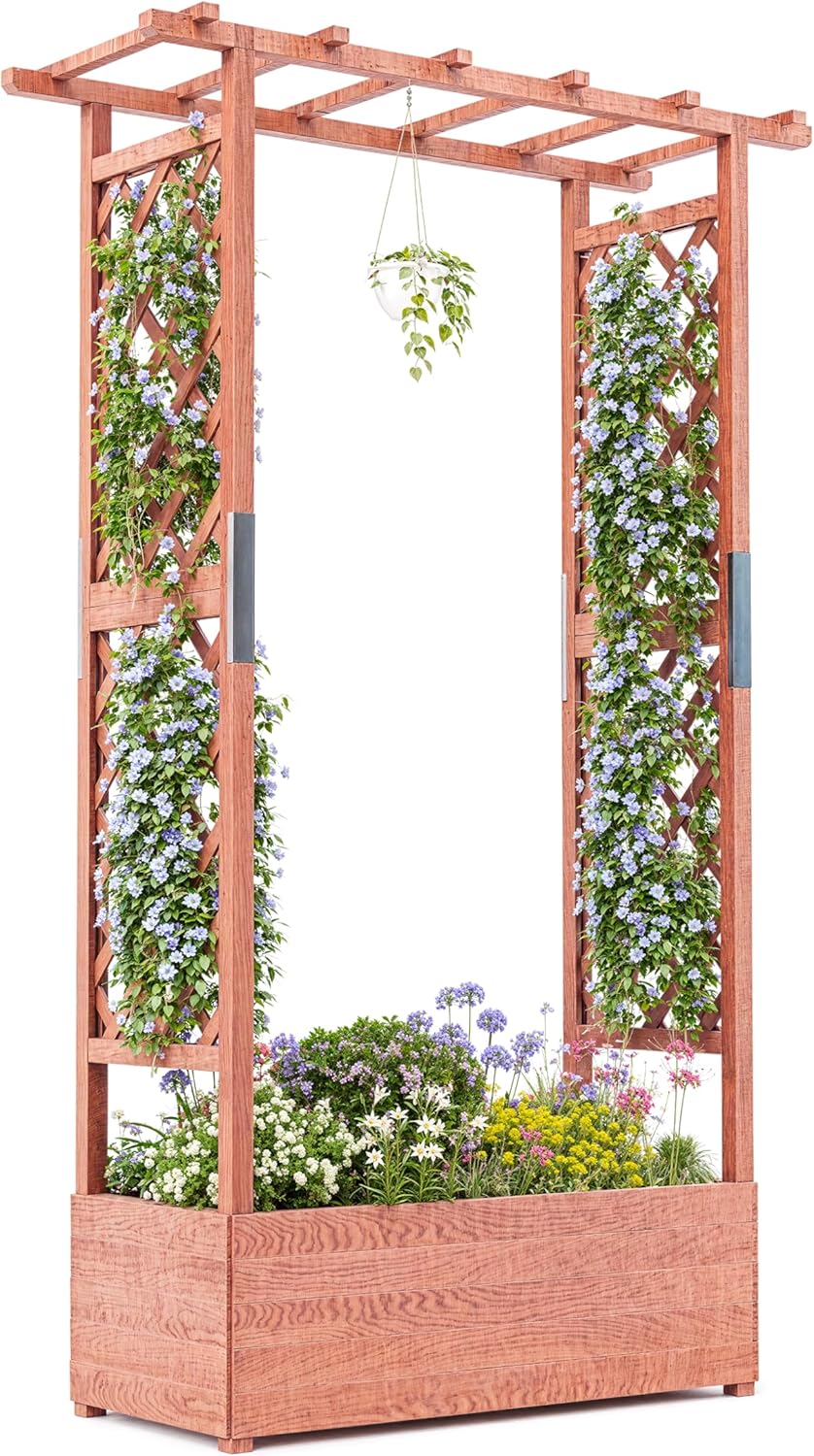 Riedhoff Wooden Raised Garden Bed with Trellis, Hanging Roof & Side Trellis