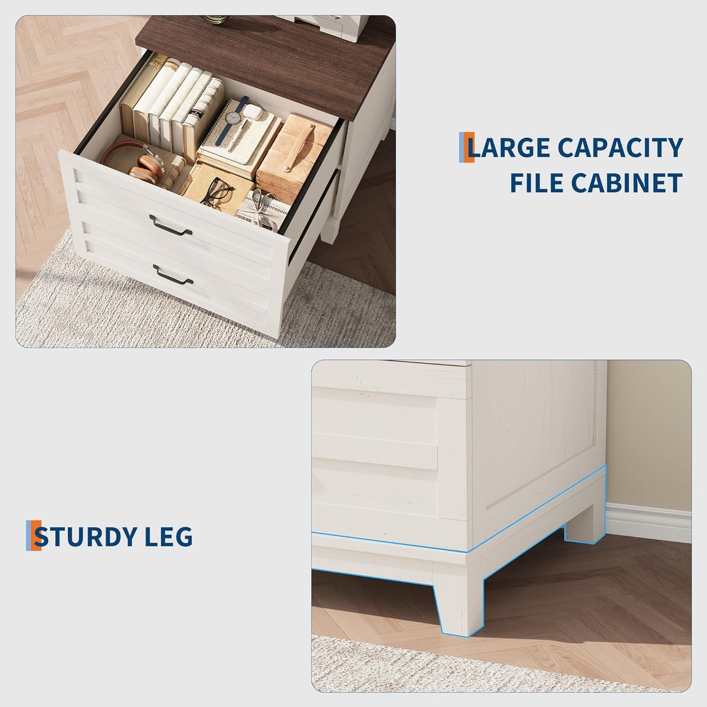 Garvee Lateral File Cabinet, 2 Drawers, Deepened Tabletop, 31.5 x 21.26 x 30", Brown & White