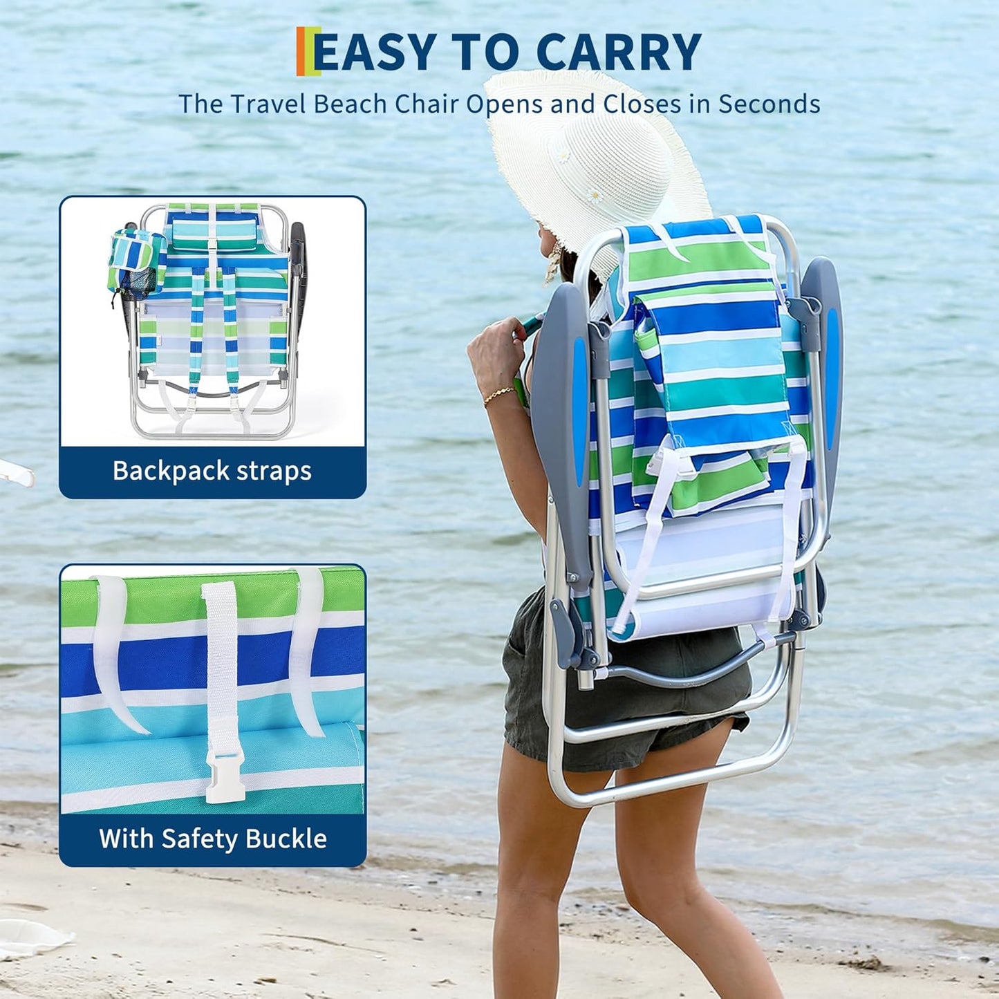 Garvee 2 Pack Portable Beach Chair with Adjustable Backrest & Cup Holders, Ocean Striped