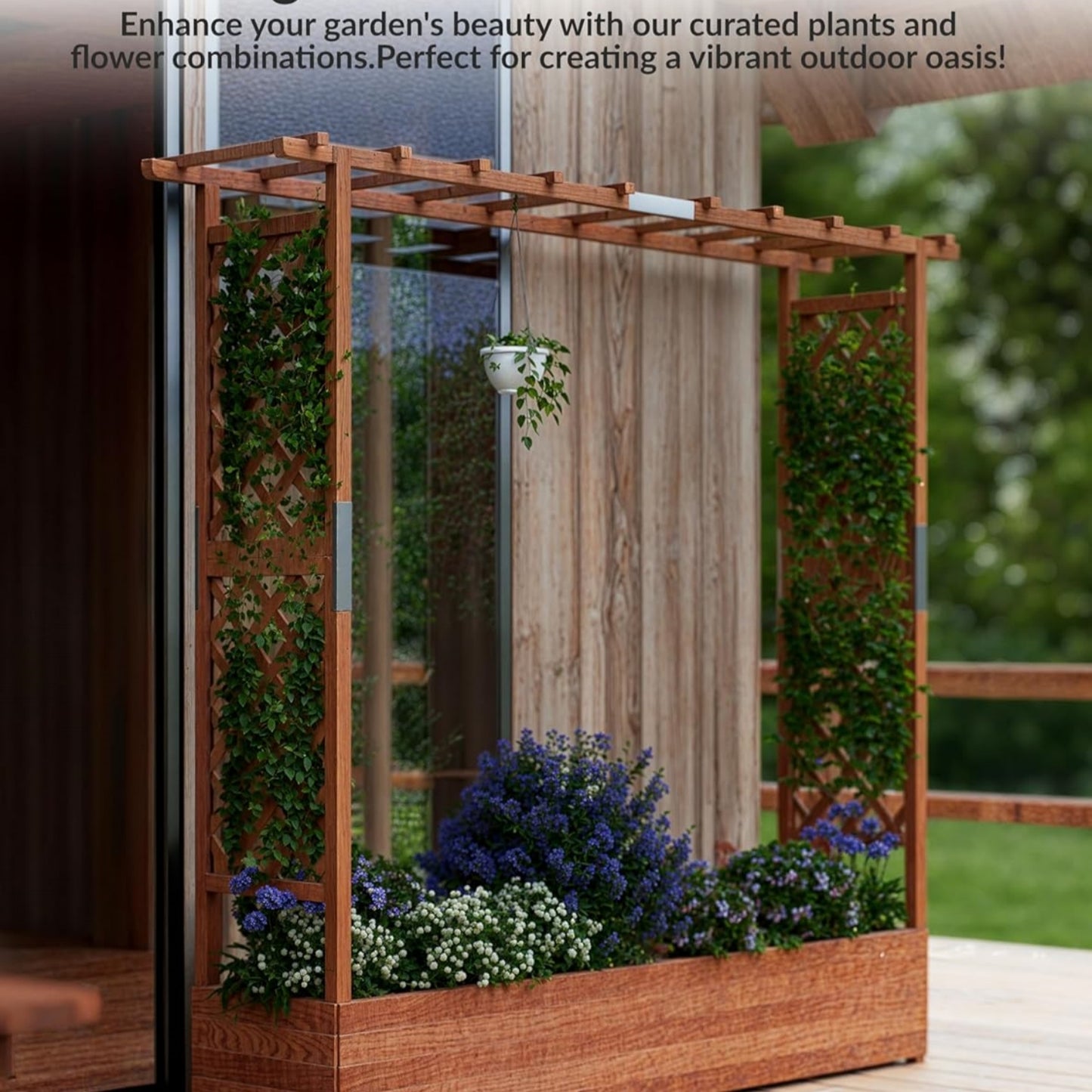 Riedhoff Wooden Raised Garden Bed with Trellis, Hanging Roof & Side Trellis