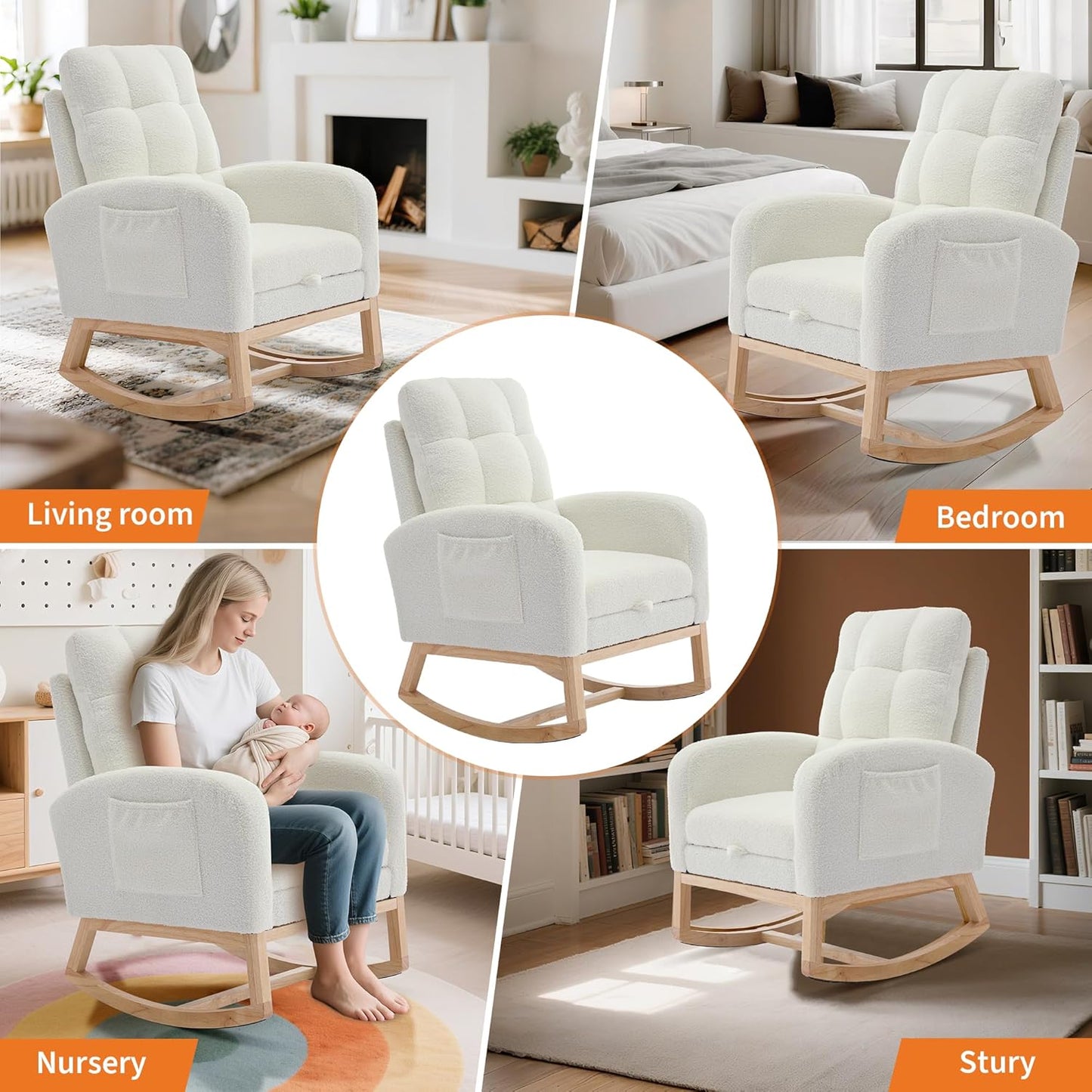 Garvee Nursery Rocking Chair 34.2 x 25.9 x 40.9", with Footrest, High Back, Beige
