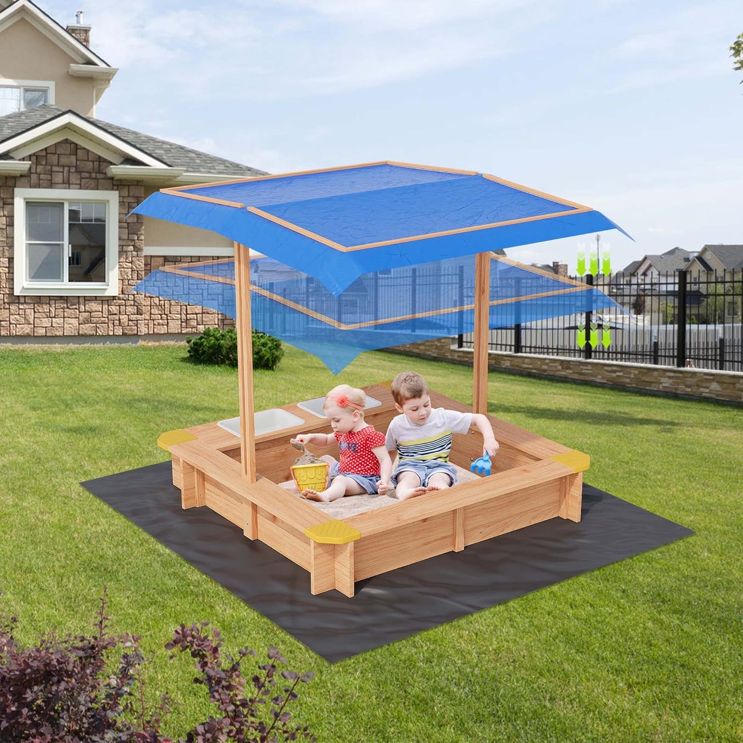 Garvee Kids Wooden Sandbox With 2 Plastic Boxes, Adjustable Canopy, Bottom Liner, 39.3 x 26.7"
