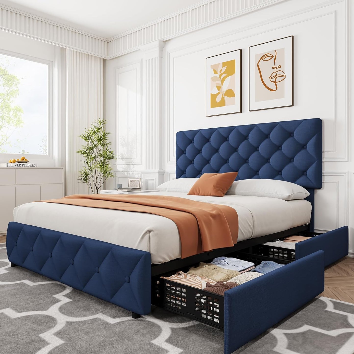 GARVEE Bed Frame with 4 Storage Drawers & Adjustable Headboard