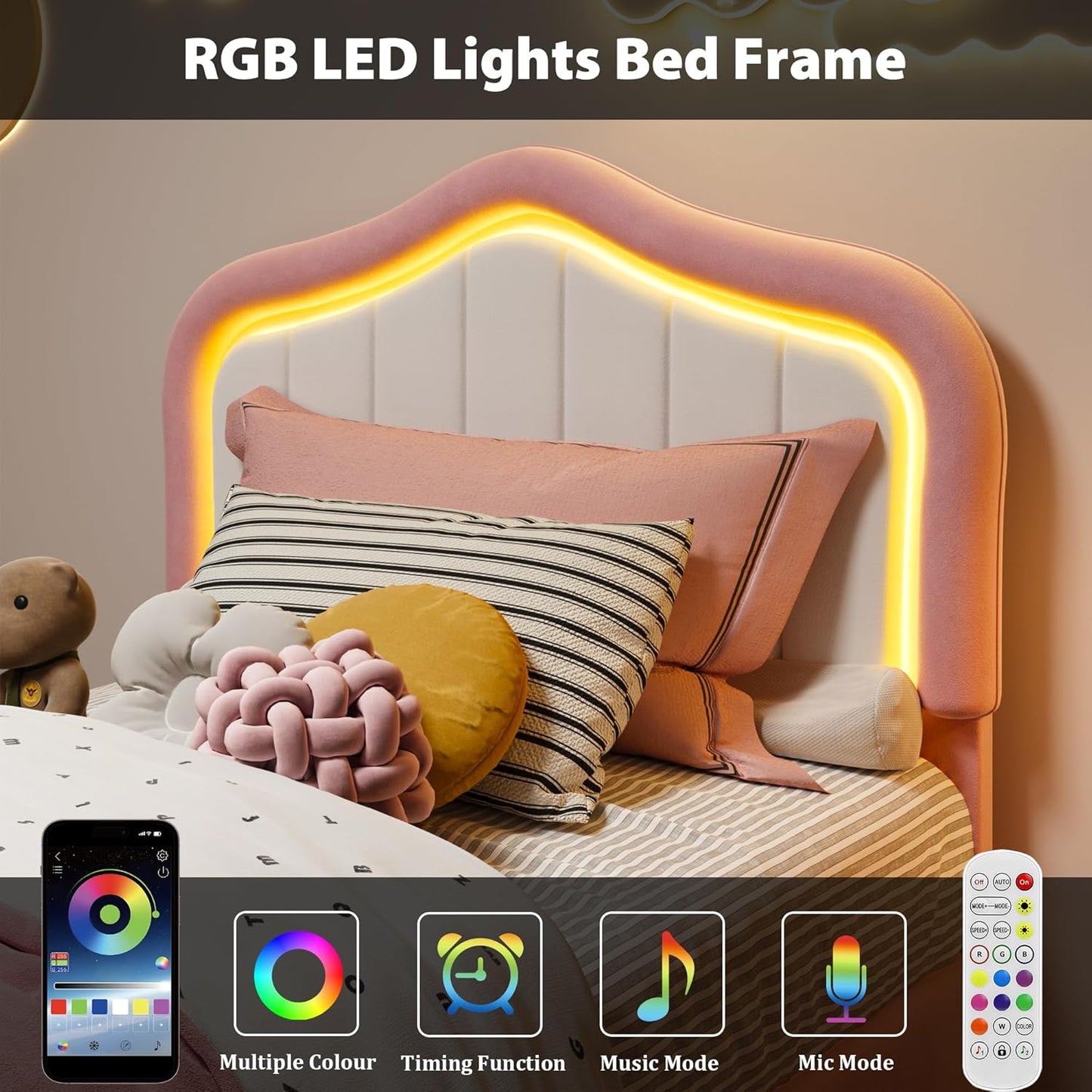 Goldensoil 11.4 inch Twin Size Bed Frame for Girls, with Storage Drawer, LED Light, Pink