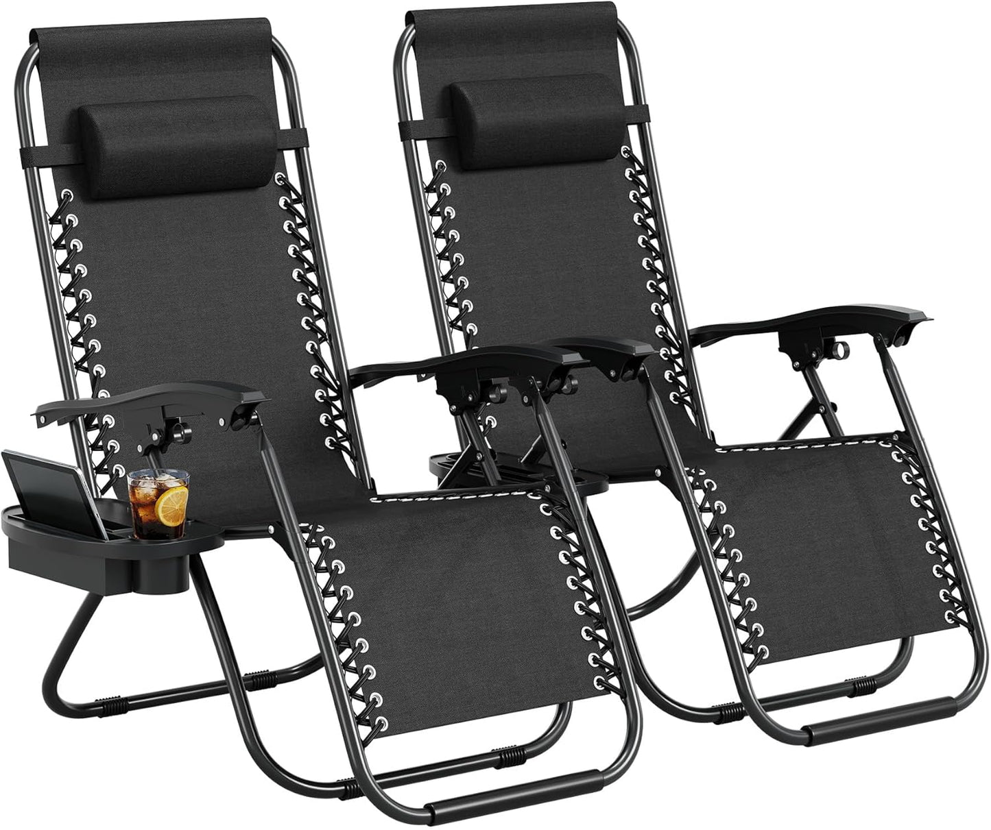 Garvee Adjustable Zero Gravity Lounge Chair Set of 2, Pillow & Cup Holder Tray