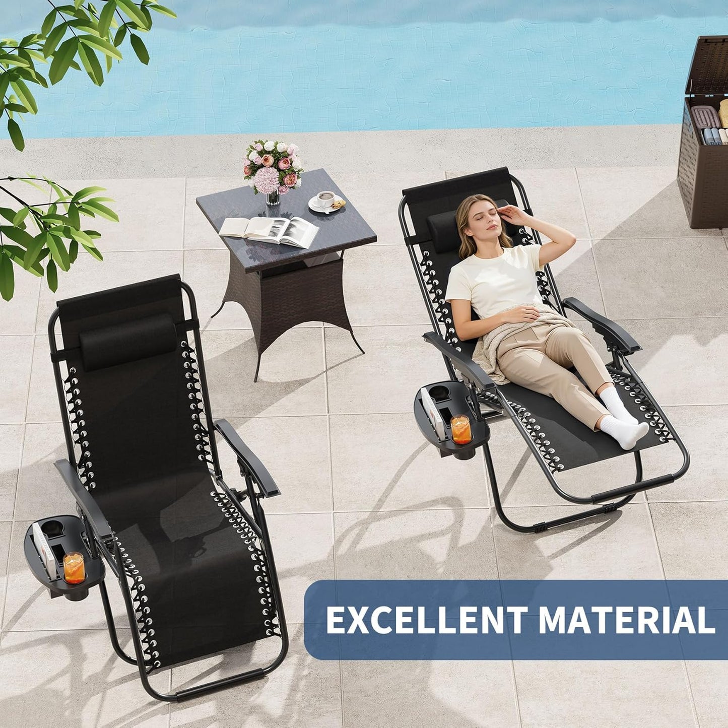 Garvee Adjustable Zero Gravity Lounge Chair Set of 2, Pillow & Cup Holder Tray
