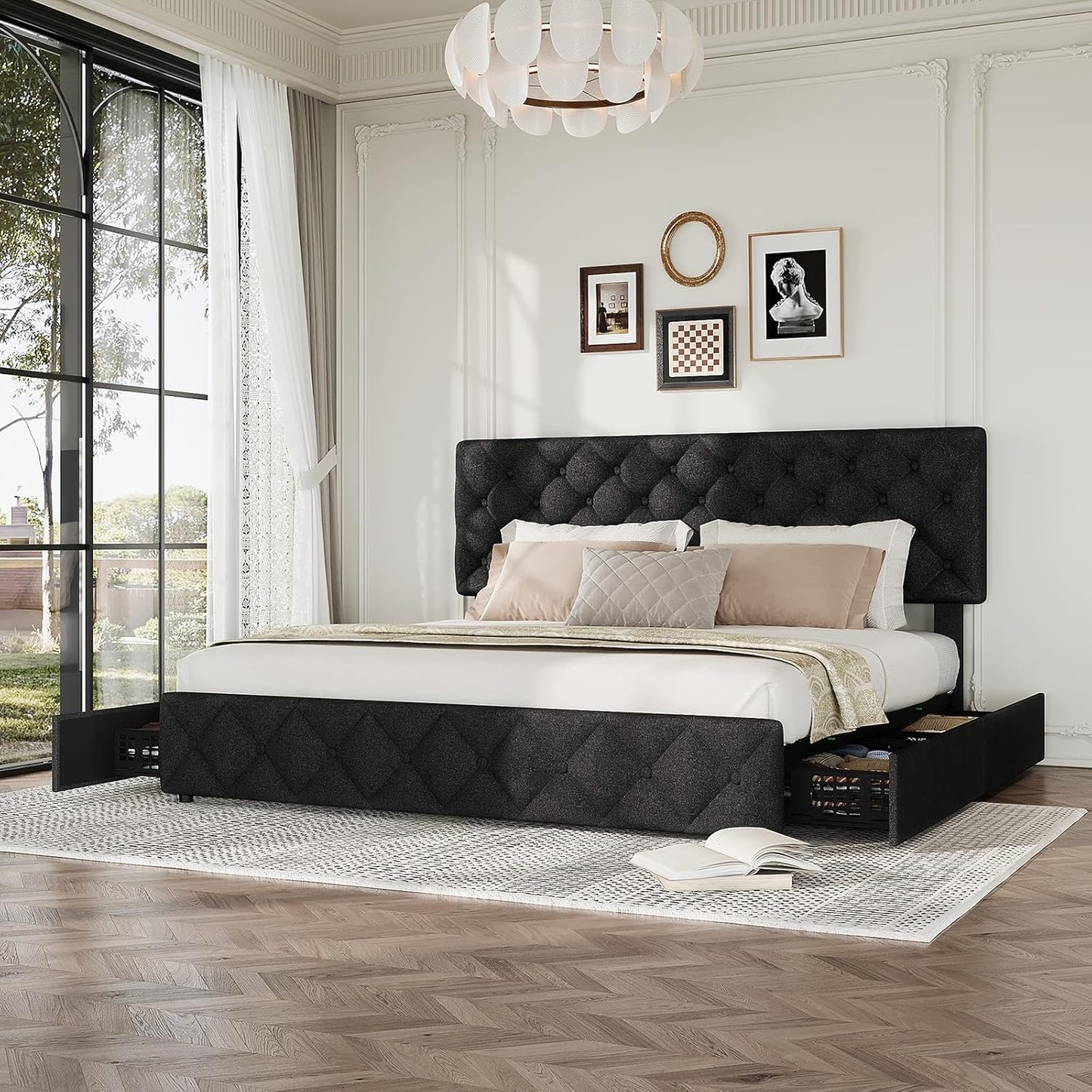 GARVEE Bed Frame with 4 Storage Drawers & Adjustable Headboard