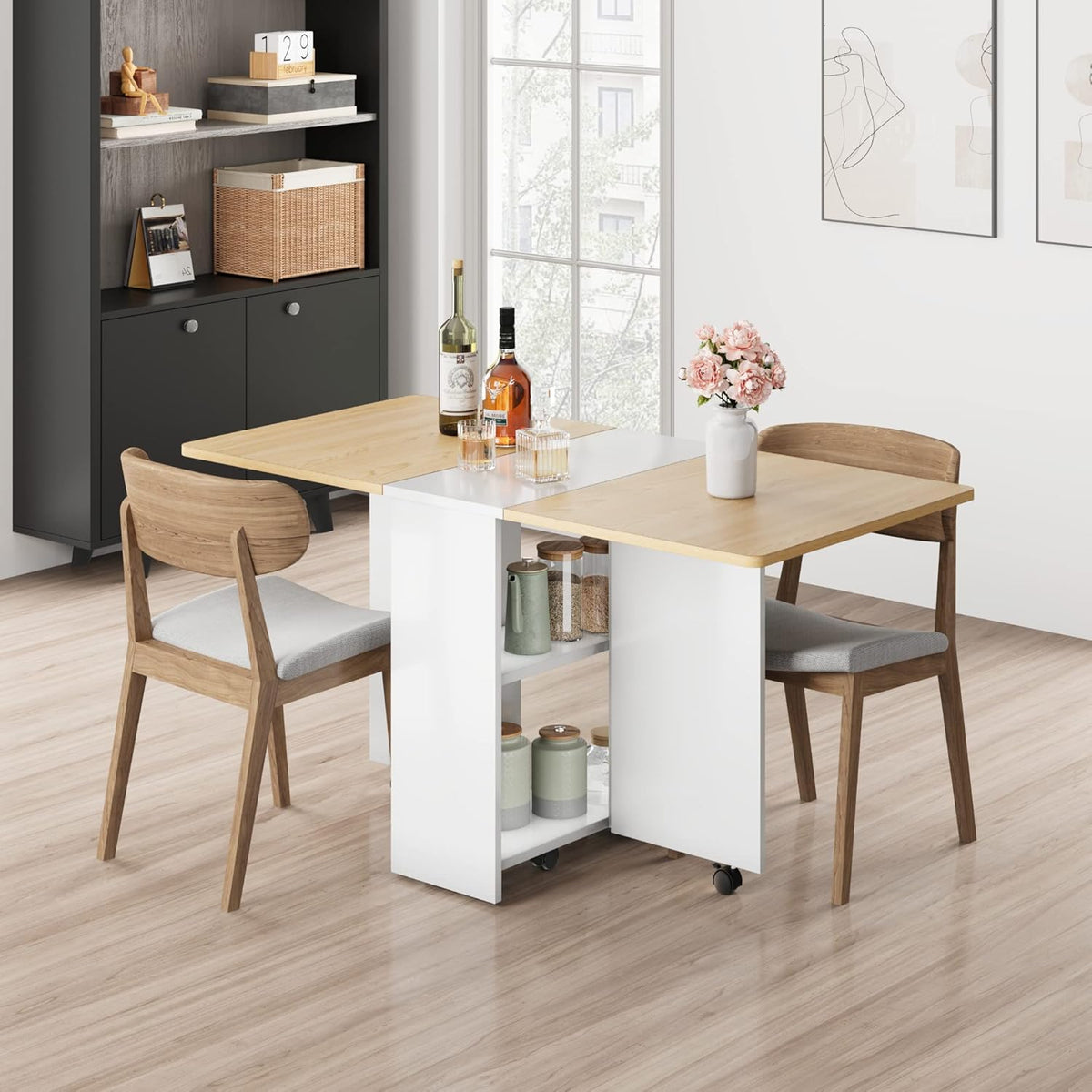 Garvee 47.2" Folding Dining Table, Folding and Expandable, 6 Wheels & 2 Storage Shelf