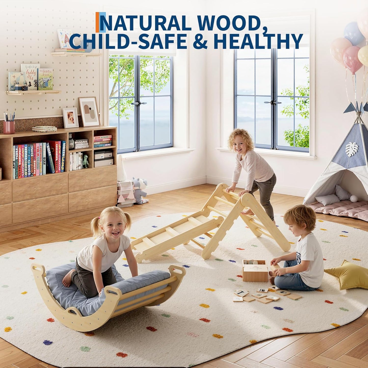 Garvee Pikler Triangle Set, 3-in-1 Toddler Climbing Toys, with Ramp Arch Ladder, Oak