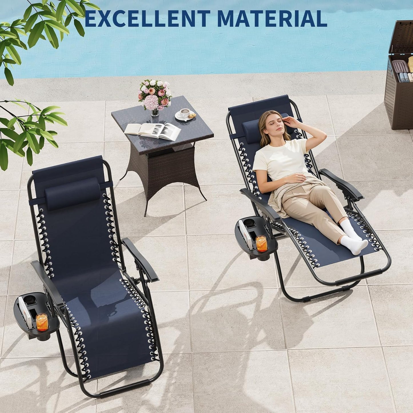 Garvee Adjustable Zero Gravity Lounge Chair Set of 2, Pillow & Cup Holder Tray
