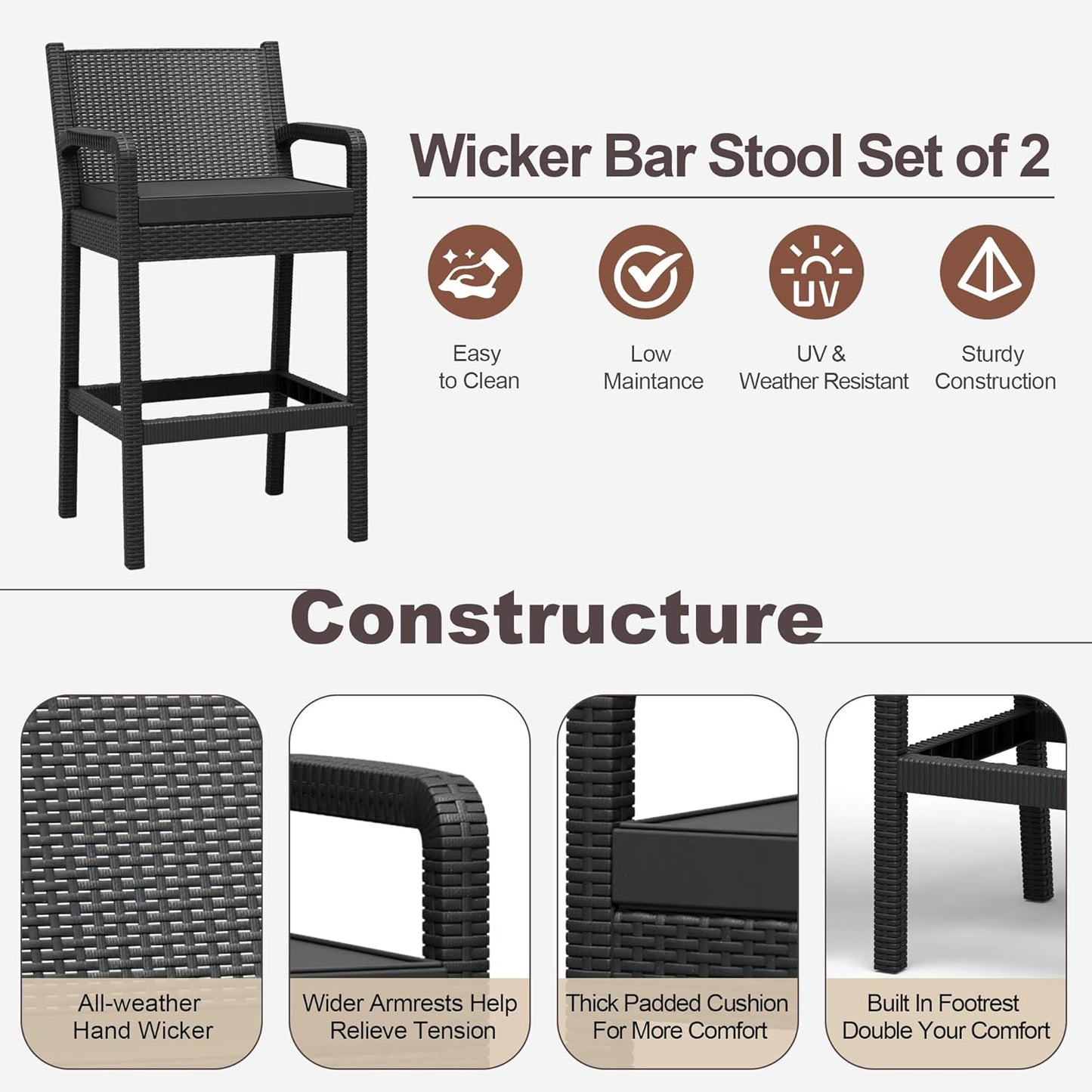 Garvee Patio Bar Stools Wicker Barstools, Set of 2, with Footrest & Armrest, 24.7 x 17.24 x 44.5"