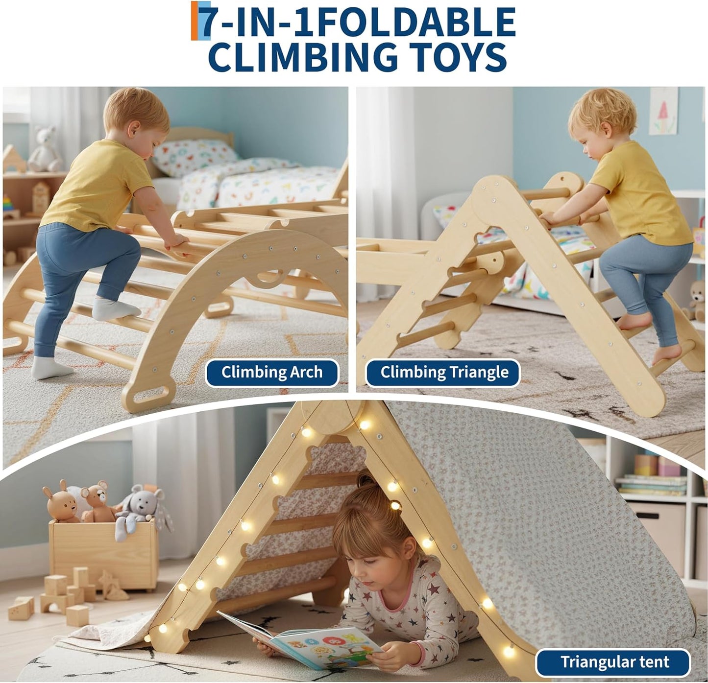 Garvee Pikler Triangle Set, 3-in-1 Toddler Climbing Toys, with Ramp Arch Ladder, Oak