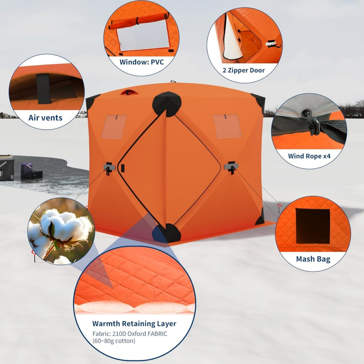 Garvee Ice Fishing Insulated Tent, 6-7 Person Shelter, 70.8 x 70.8 x 78.7"