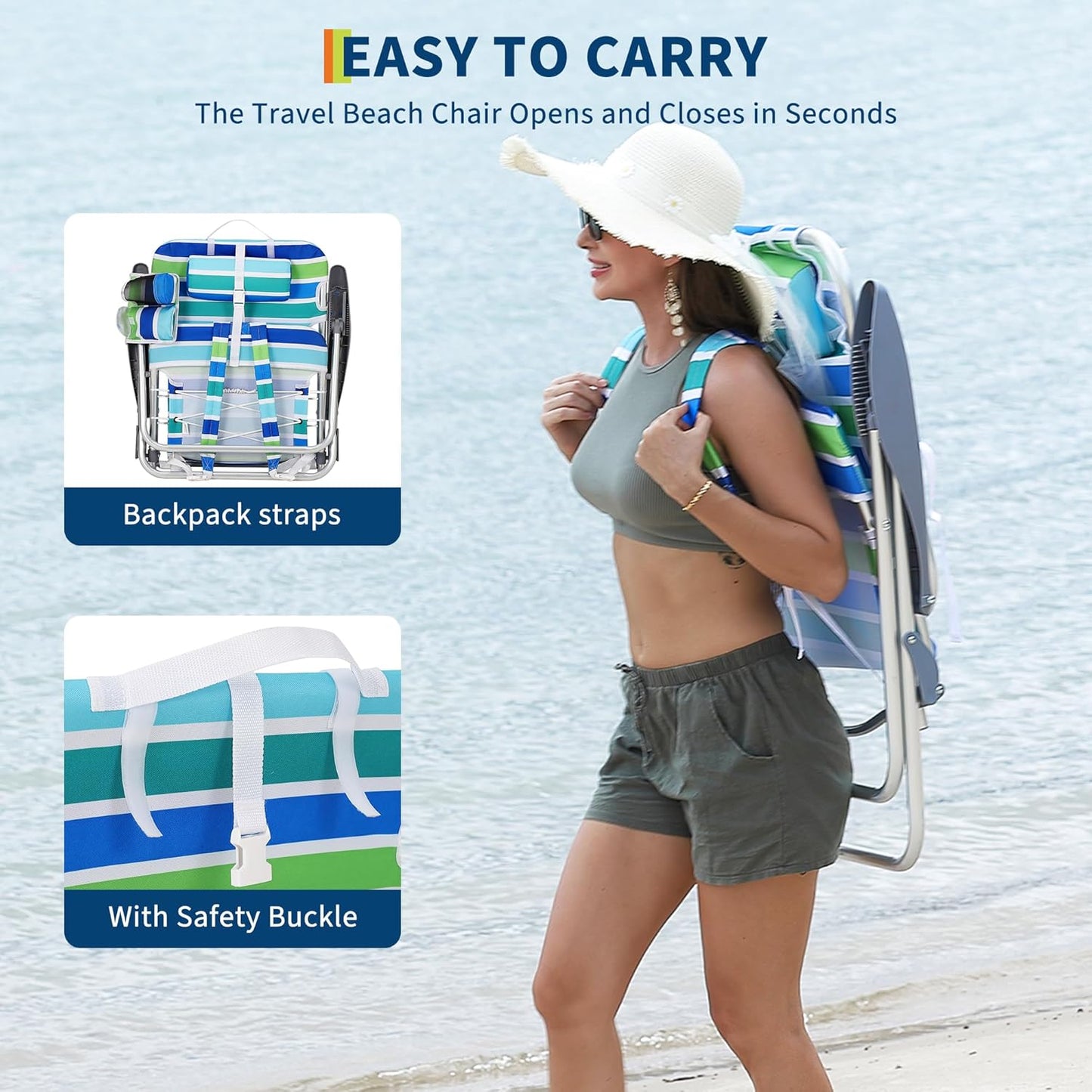 GARVEE Backpack Beach Chair, Cup Holders & Headrest, Set of 2, 24.4 x 25.2 x 29.92",Ocean Striped