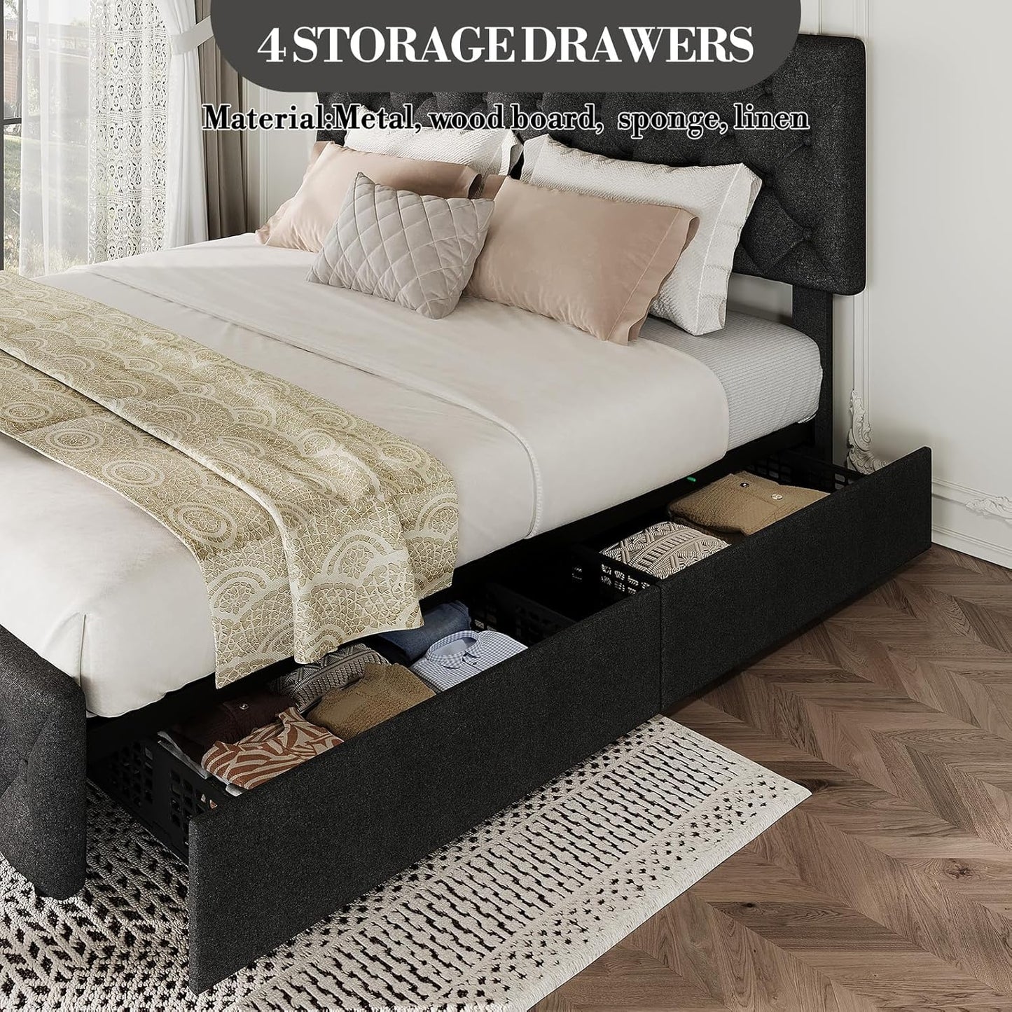 GARVEE Bed Frame with 4 Storage Drawers & Adjustable Headboard