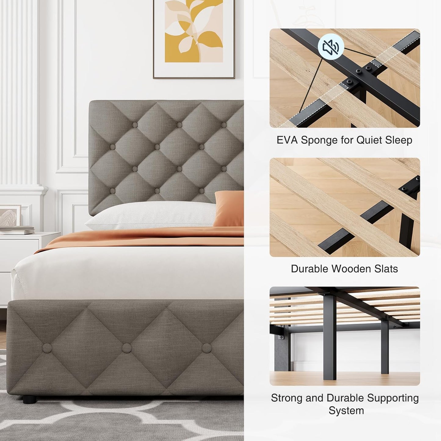 GARVEE Bed Frame with 4 Storage Drawers & Adjustable Headboard