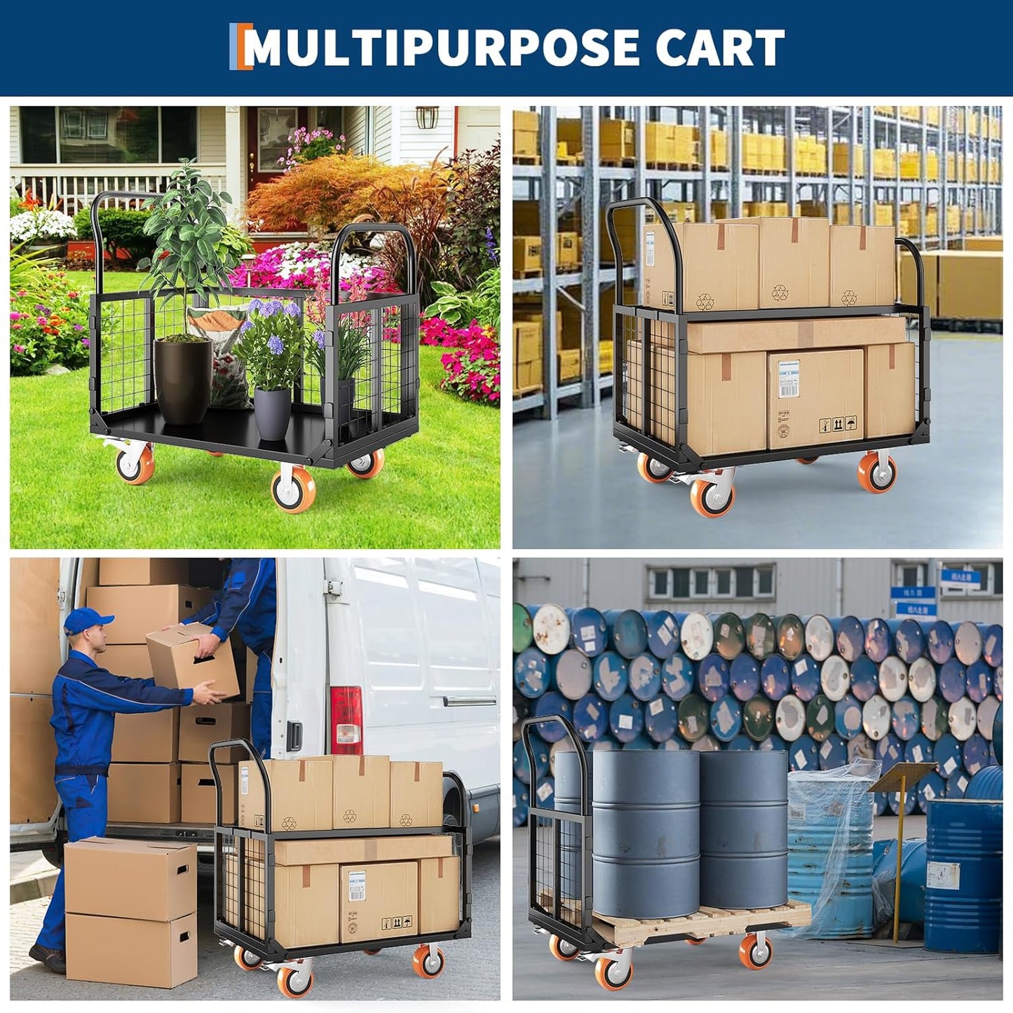 Garvee Foldable Platform Truck Cart, 39 x 26 x 42", with Cage Platform Truck,1800 lbs Max