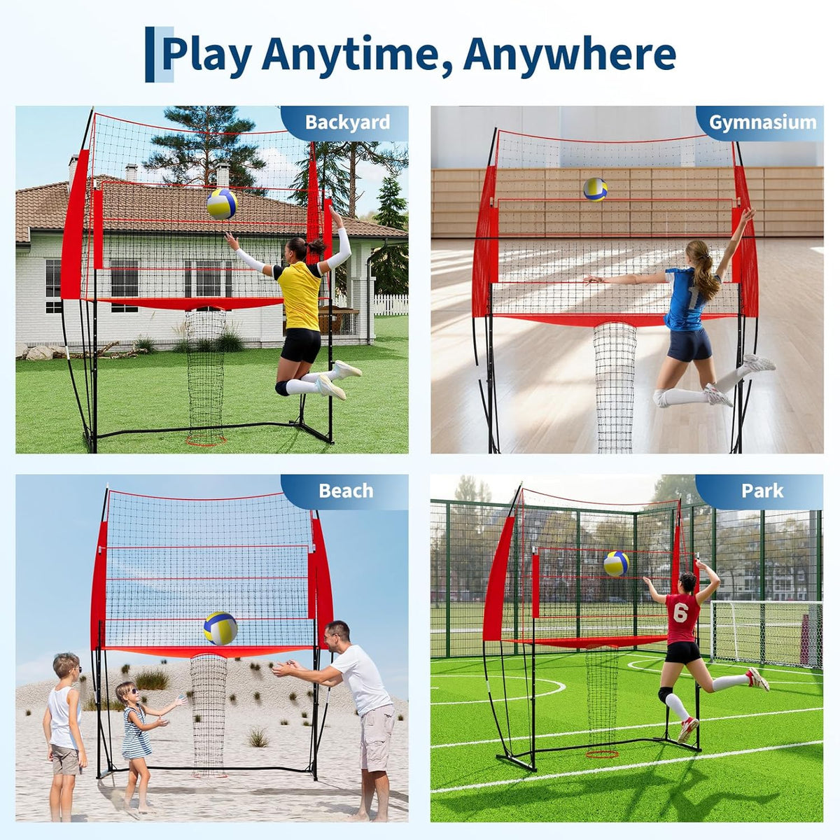Riedhoff Volleyball Training Net System, Height Adjustable, 8.1 x 11 ft, with Carry Bag, Red