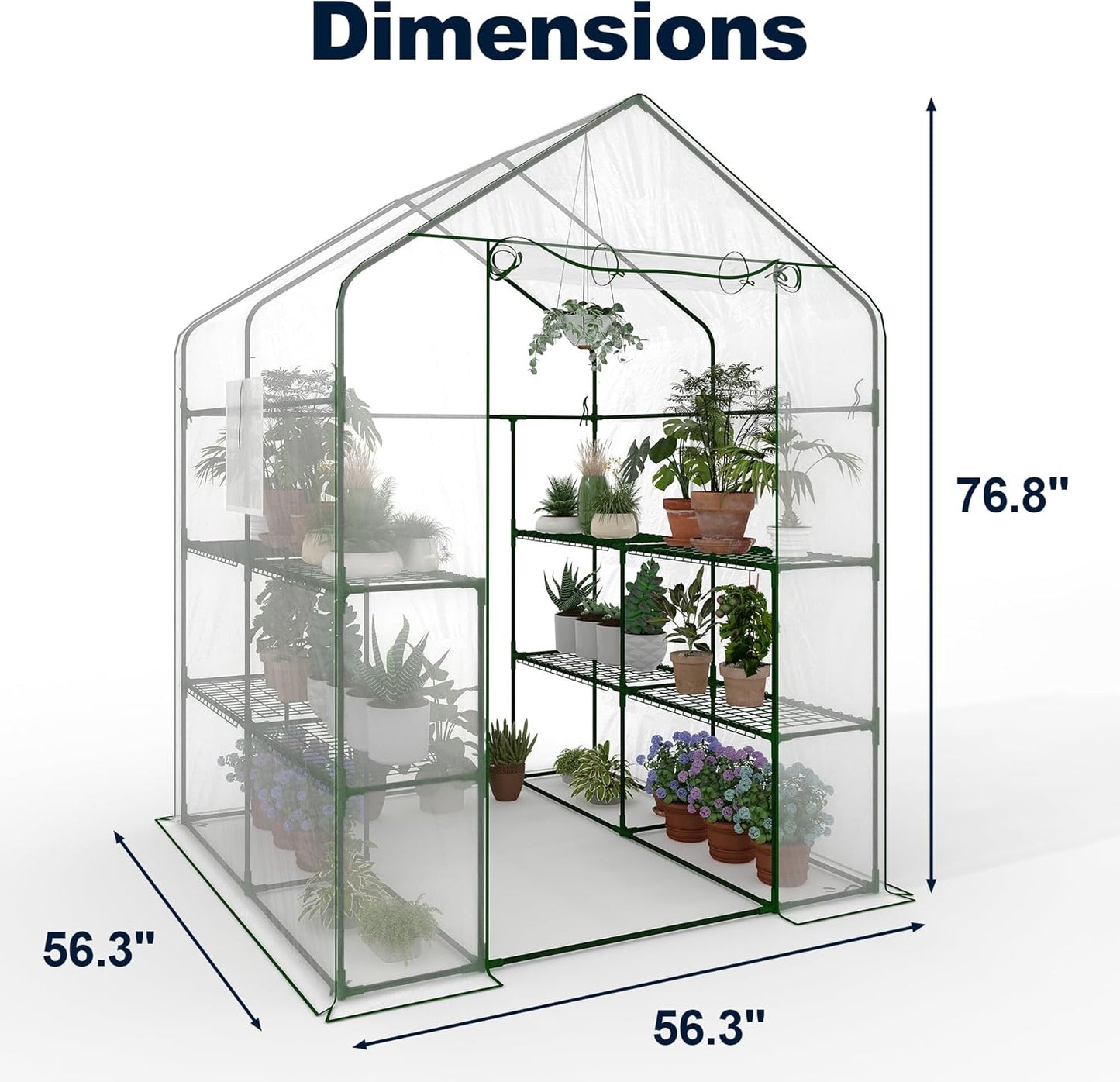Garvee Walk-in Greenhouse 56.3" x 56.3" x 76.8", PE Cover, 3-Tier 12 Shelf, Clear