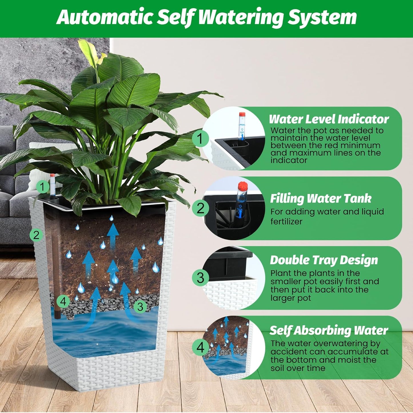 Garvee 15.6" Tall Planter Pots Set of 2, Rattan style, Tray & Water Level Monitor