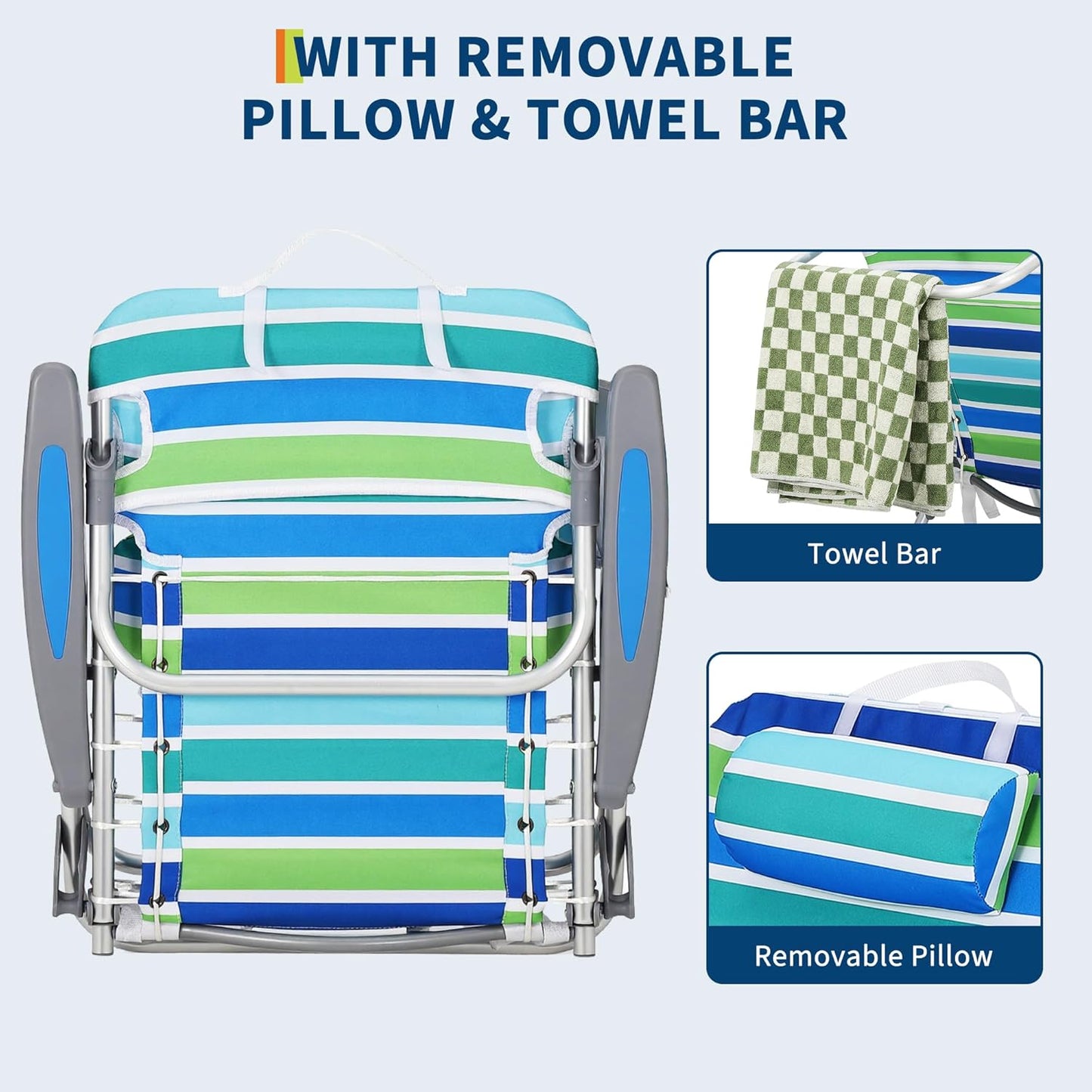 Riedhoff Portable Beach Chair with Adjustable Backrest and Cup Holders, Ocean Striped
