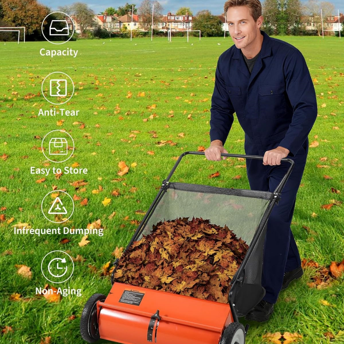 Riedhoff 26" Push Lawn Sweeper,4 Spinning Brushes, 7 Cu. Ft Capacity Collection Bag, Adjustable Height