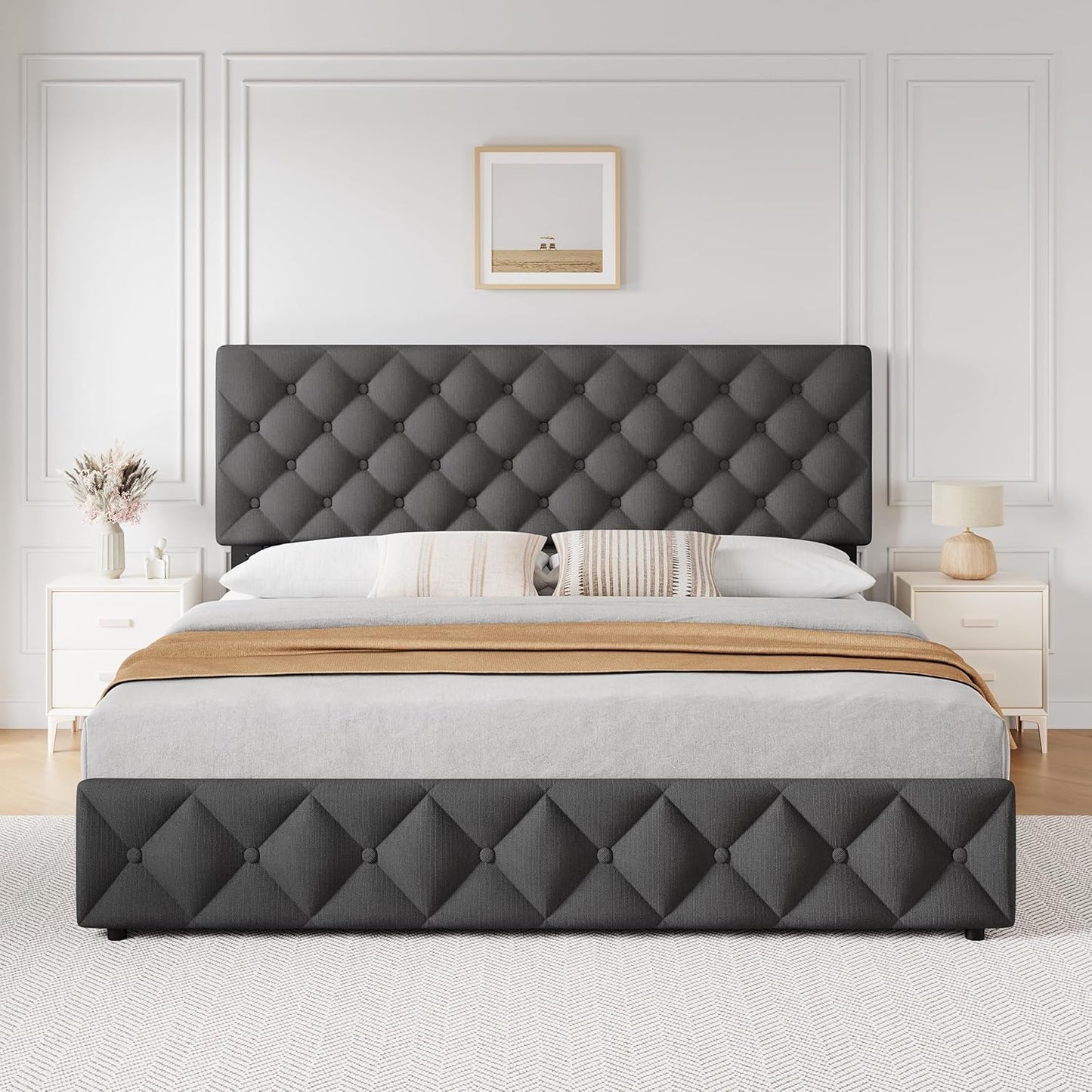 GARVEE Bed Frame with 4 Storage Drawers & Adjustable Headboard