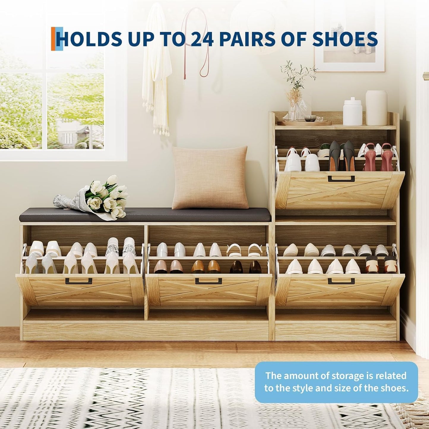 Garvee Shoe Storage Bench, 68.5 x 11.8 x 36.4", with 4 Flip Drawers & Padded Seat Cushion, Oak